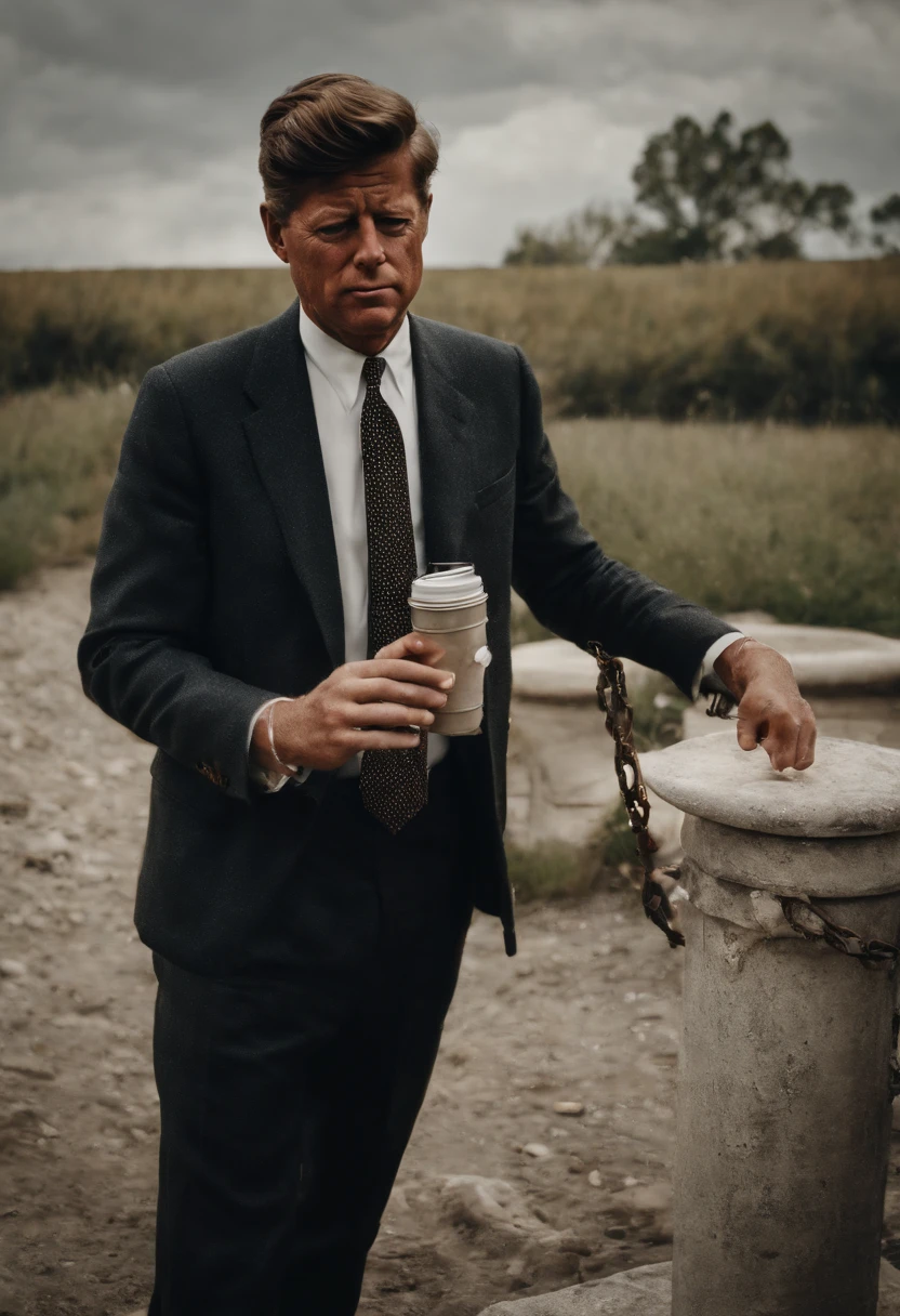 john f kennedy wearing drippy clothes with a big chain. and he has a styrofoam cup of lean