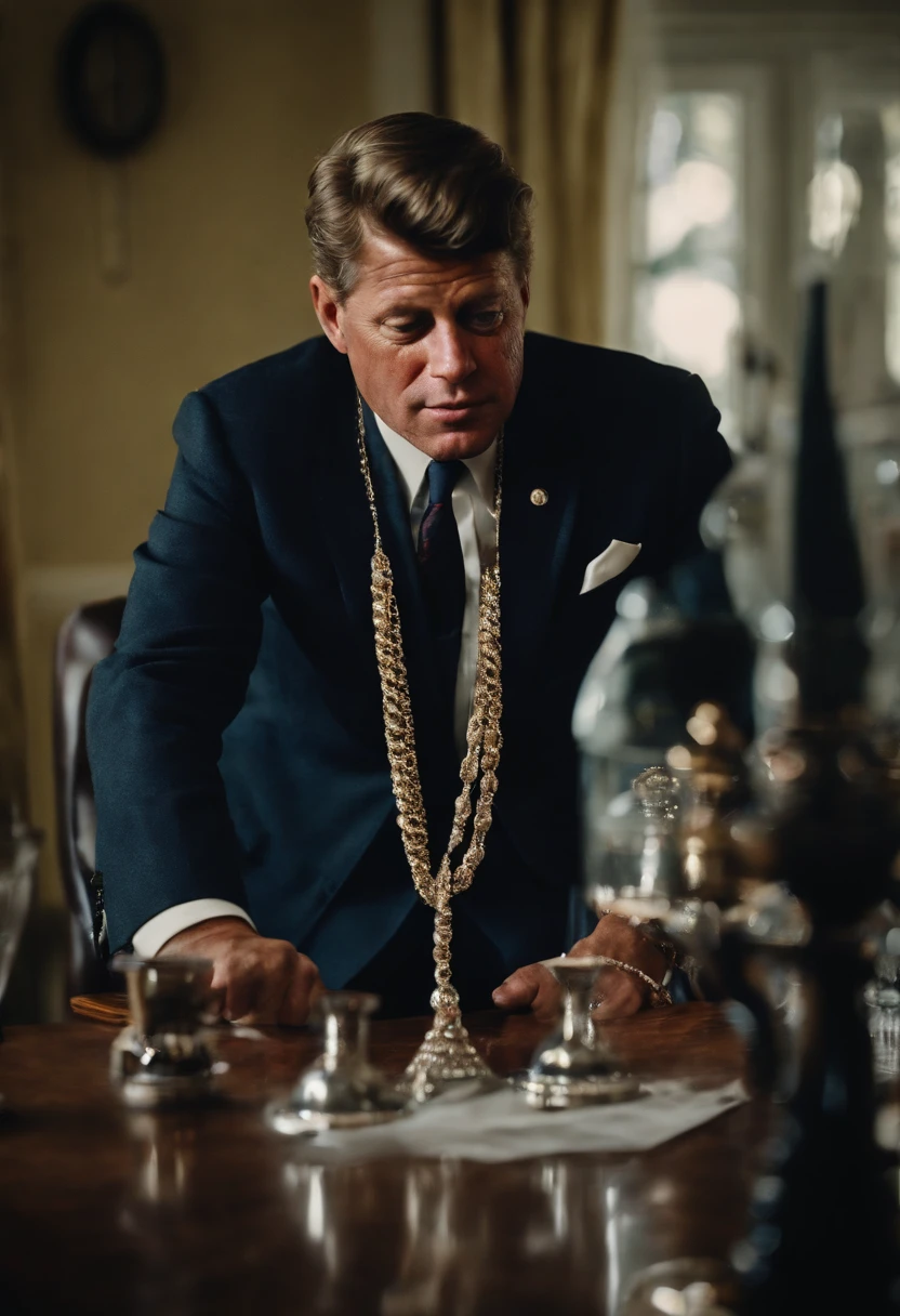jfk2024, 1man, photorealistic, best quality, masterpiece, sitting in bar, drinking whiskey, black suit,  elegant,