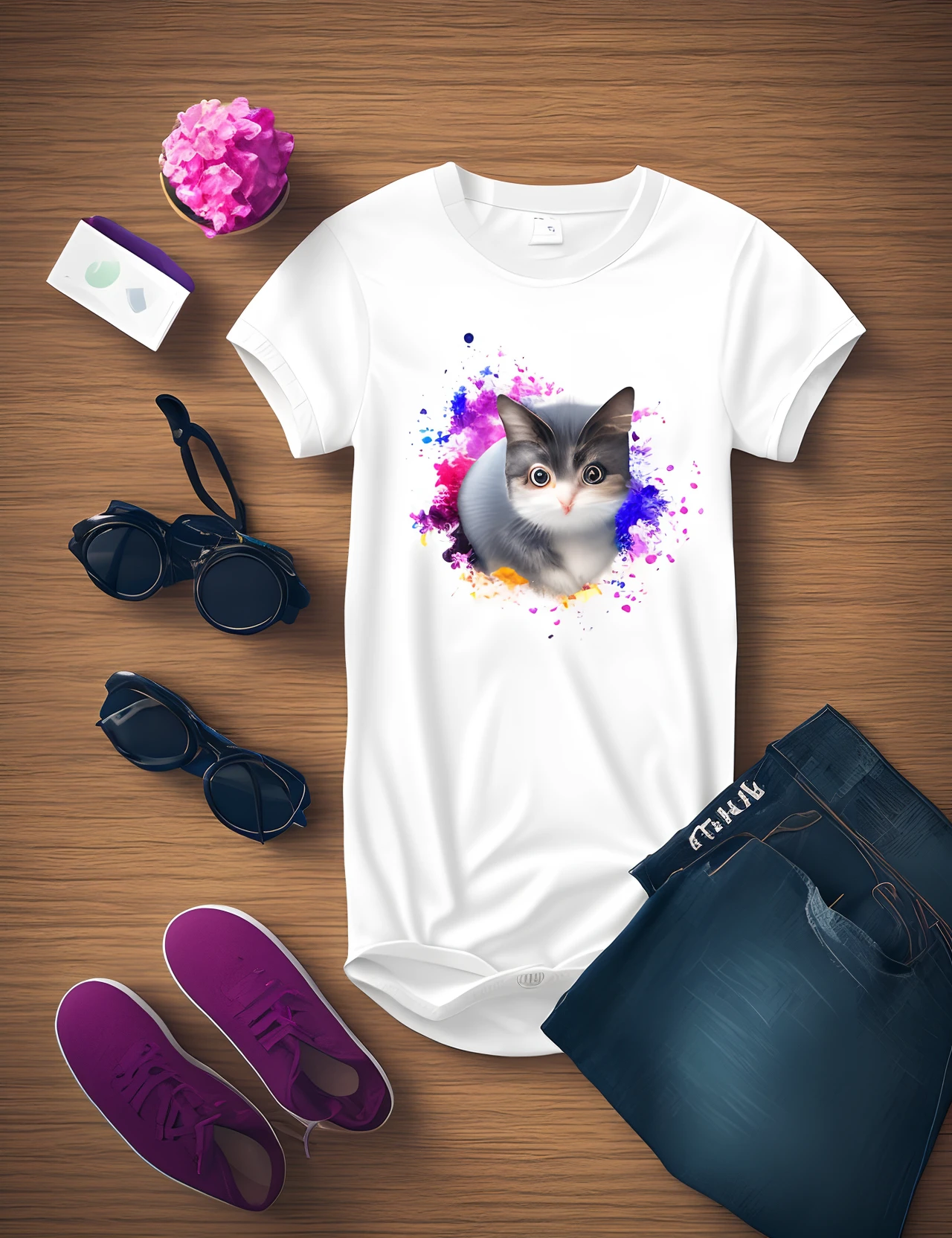 A detailed illustration of a print of a cute colorful baby Mouse And cat hanging with his paws on a rope, fantasy flower splashes, modern t-shirt design, Studio Ghibli style, light white, violet and pink pastel tetradic colors, 3D vector art, cute and quirky, art fantasy, watercolor effect, bokeh, Adobe Illustrator, hand drawn, digital painting, low-poly, soft lighting, aerial view, retro aesthetic, character focused, 4K resolution, photorealistic rendering, using Cinema 4D