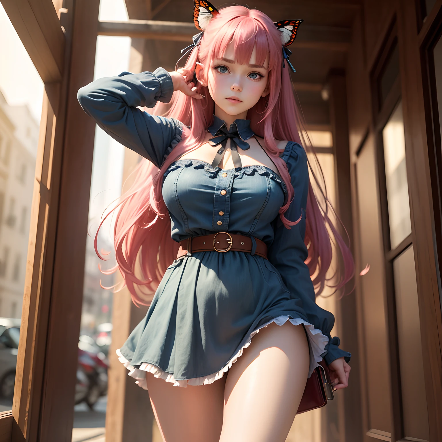 8k, masterpiece, best quality, realistic, higly detailed, cowboy shot, 1girl, solo, Nino, cute, cold-looking girl, waist-length straight hair, square bangs hanging over eyebrows, reddish-pink hair, twin butterfly-shaped ribbons on both sides of head, dark blue eyes, average height, well-endowed figure, large breasts, fashionable girl, various cute accessories, takes care of nails, Bunny Girl