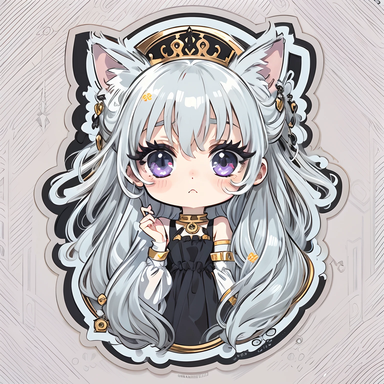 Sticker, Cute anime girl head, long layered silvery white hair,Light purple eyes，pouty，Black dress，Black princess dress，There is only one black cat，in circle, White background, Gold border，Simple, Ultra detailed, Detailed drawing, vectorised, Silhouette, 8K, professional sticker design, Flat design, Vector lines, Sticker, Drawing, Drawing, Full-HD