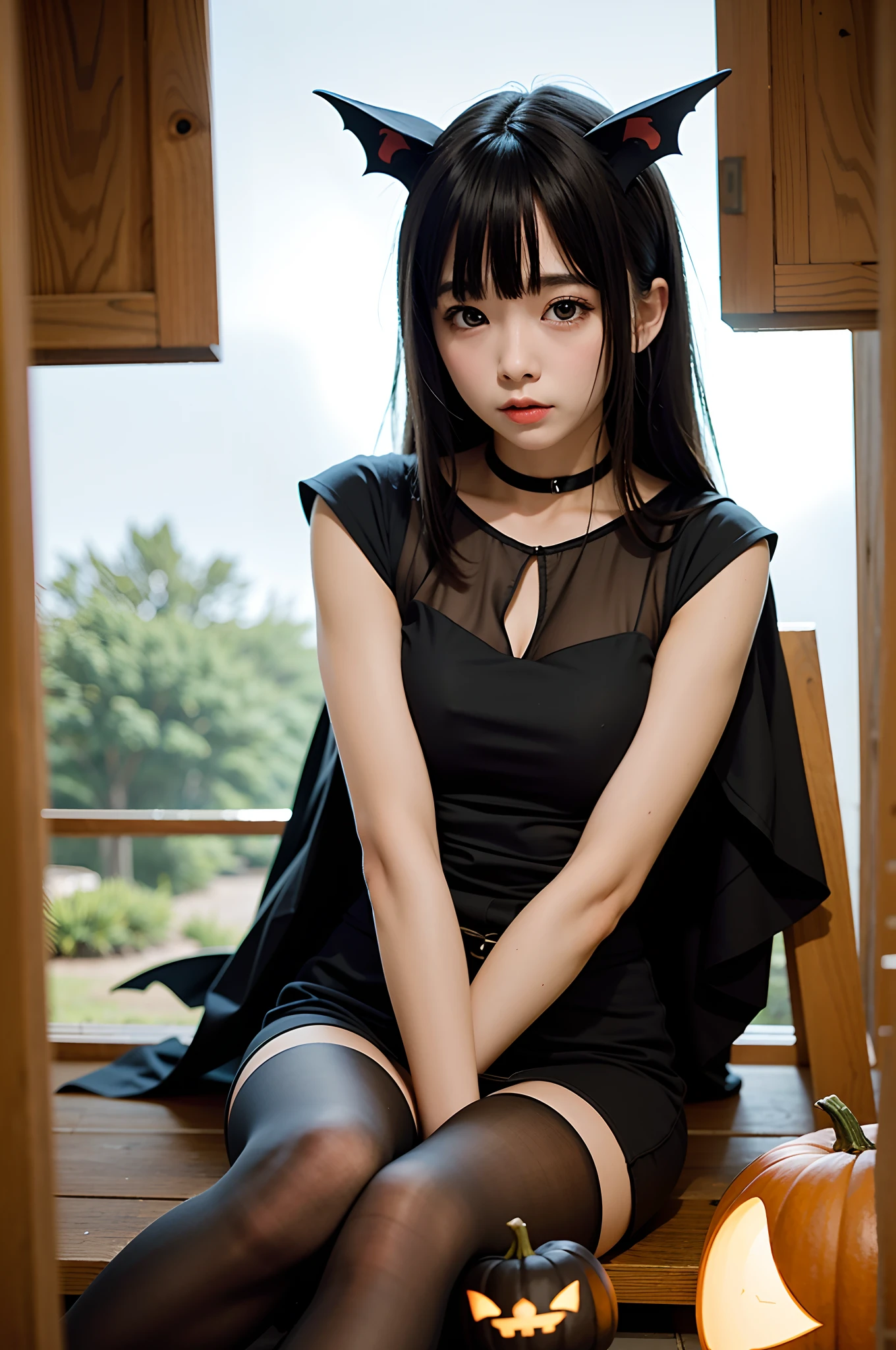 ​masterpiece, top-quality、Raw foto, Photorealsitic、I am a  girl、Mummy Cosplay、Bandage the head、Bandage your arm、Bandage the leg、Halloween、during daytime、outside of house、Jack-o'-lantern、chandelle、the bats、dead wood、spider webs、unbelievable Ridiculous、depth of fields, hight resolution, ultra-detailliert, foco nítido, Cinematic lighting