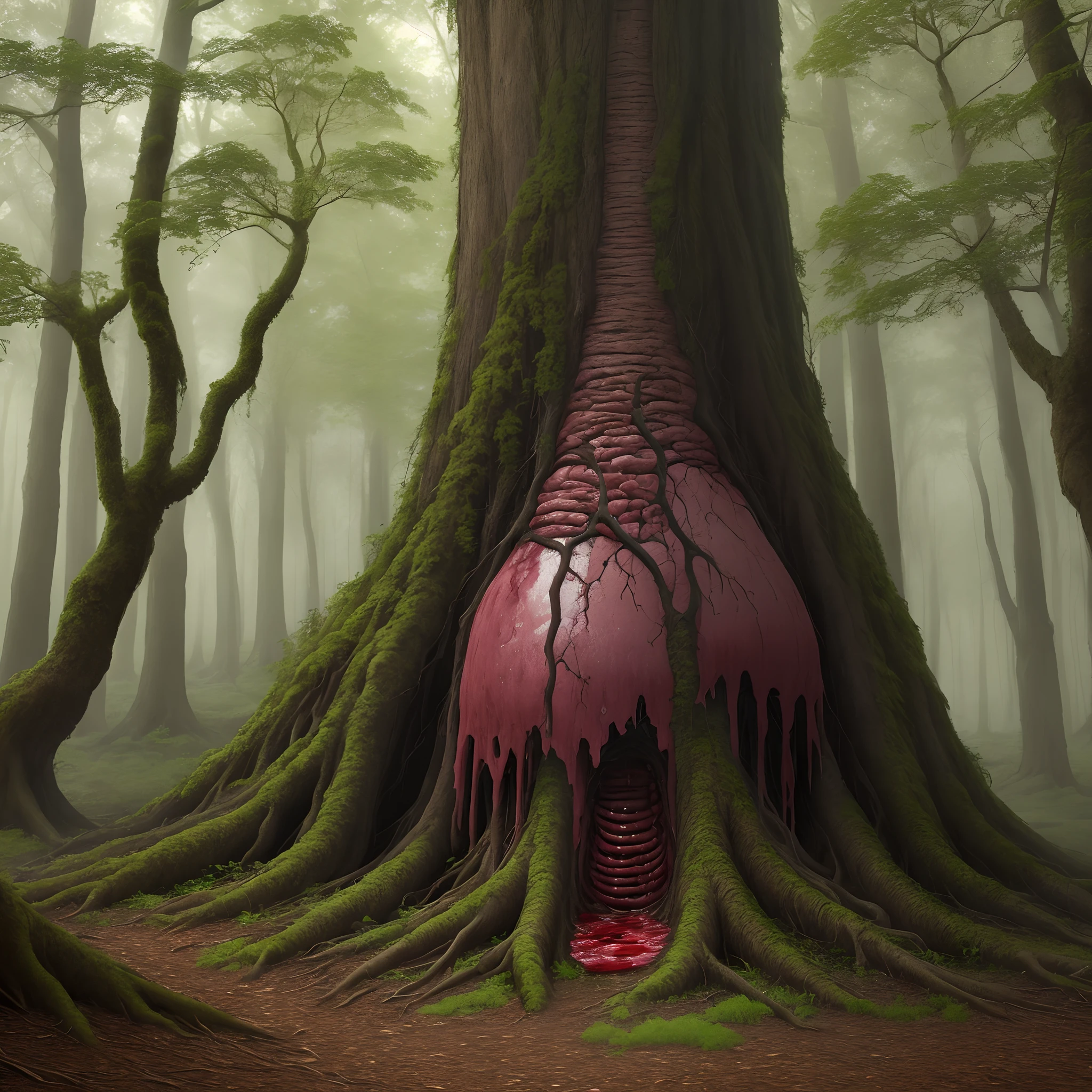 Realistic Bloody mass of flesh with veins growing out of tree in forest
