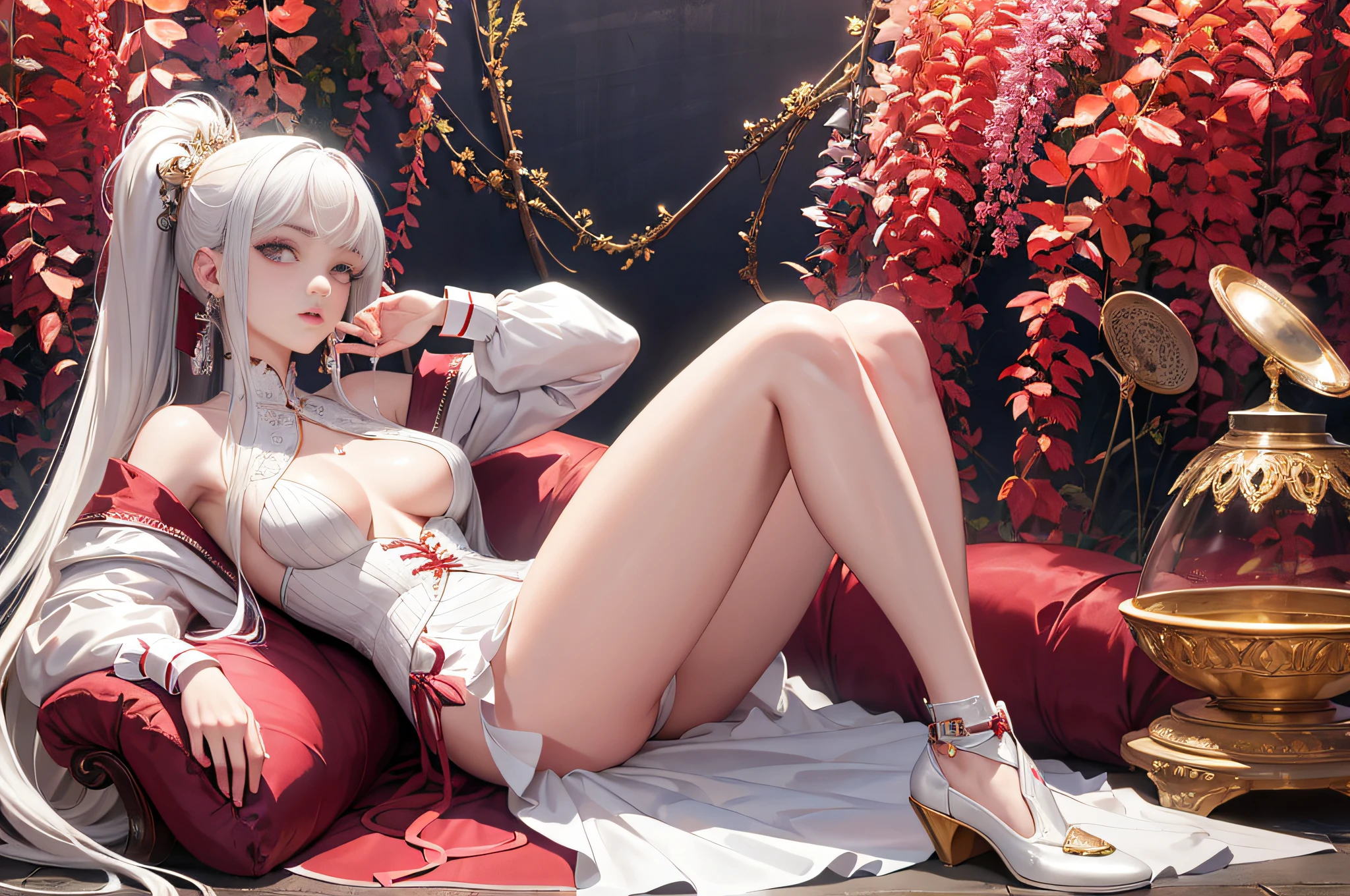 (masterpiece, highest quality, best quality, official art, beautiful and aesthetic:1.2), absurd, realistic, hyper-detailed, slender, 1girl, solo, white shoes, white miniskirt, straight long hair, princess cut, (thick thighs:0.5), dynamic lighting, high resolution, medium breasts, illustration, ultra-detailed face, best quality face, adult, 1girl, , no human, white hair, alchemy outfit, intricate detailed outfit, sexy pose, glowing red dress,(up from the chest),