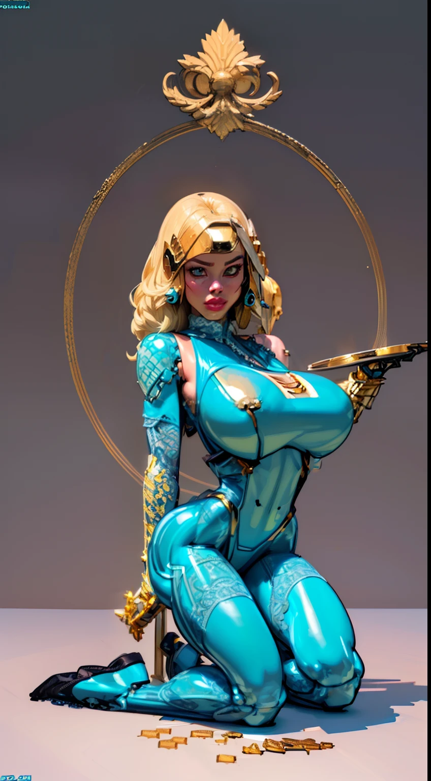 8k ((above view:1.3)), ((full body view))(large eyes:1.3), defined cheekbones, looking back, ((the pit style:1.4))((sleek dark blue bodysuit:1.6)) ((intricate lace details:1.6))detailed face:1.5), lightblue skin,(puffy lips:1.5) (lightblue skin:1.6), ((bald woman:1.7)), ((skinhead)), ((sexy pose)),(Muscular:1.3), ((gigantic breasts:1.5)), )highly detailed, Volumetric lighting, baroque oil painting by Greg Rutkowski, Artgerm, WLOP, dynamic angle,((intricate neon lines on bodysuit:1.3)), majestic, digital photography, best shadow, light particles, art by artgerm and ruan jia and greg rutkowski, ((gold shoulder pads:1.6)), (masterpiece), sidelighting, intricate details, (((black color palette))),(((on knees on top of pedestal)))