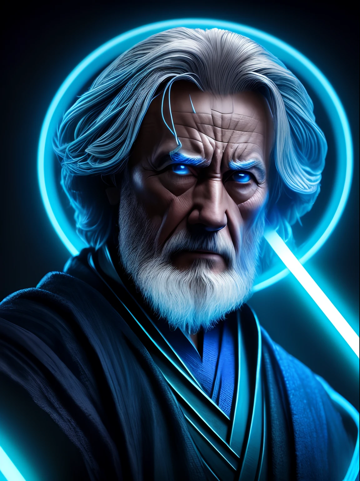 Blue neon concentric rings action shot of an old Jedi, in the style of Mark Brooks, photorealistic scenes.