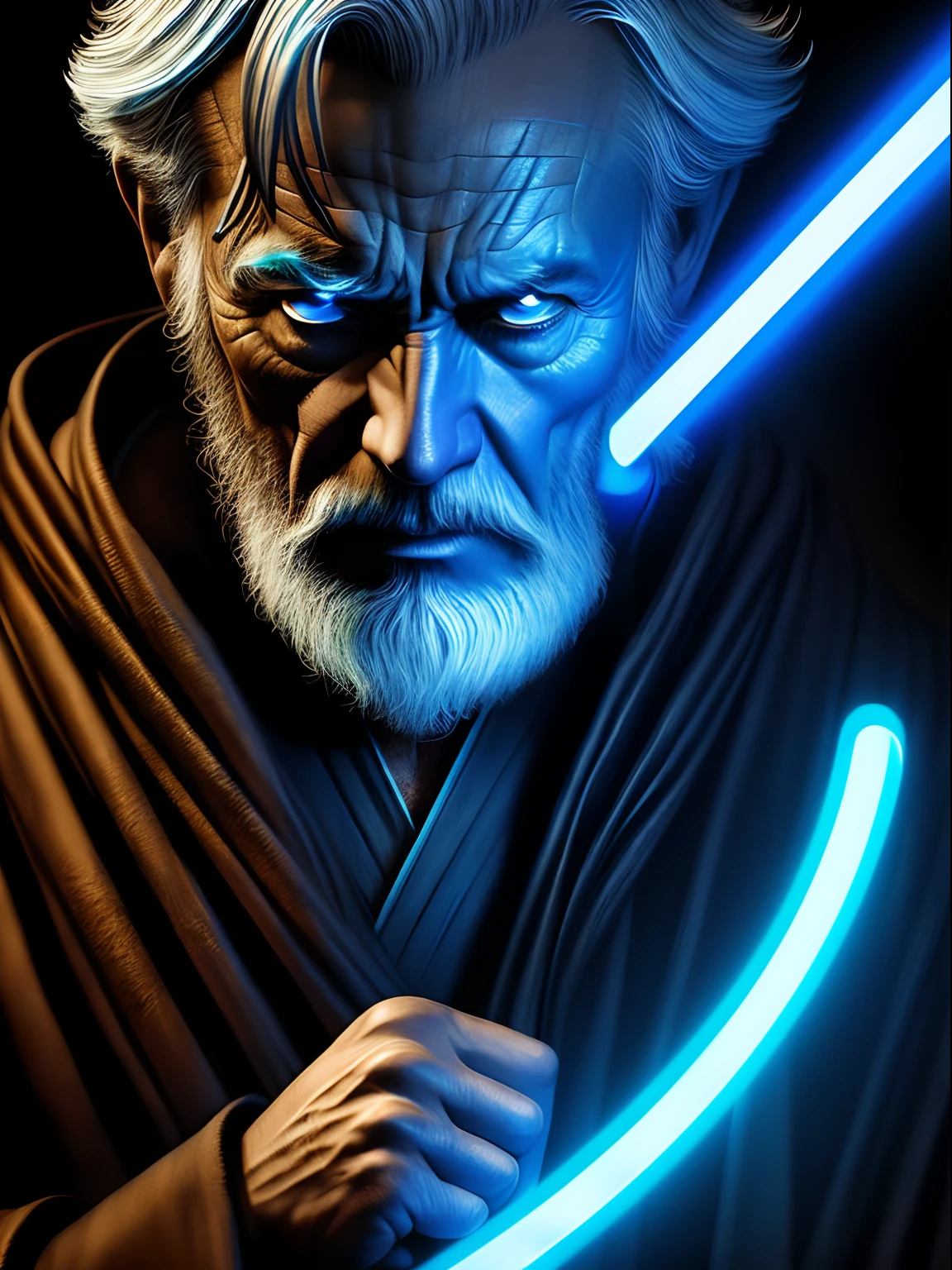 Blue neon concentric rings action shot of an old Jedi, in the style of Mark Brooks, photorealistic scenes.