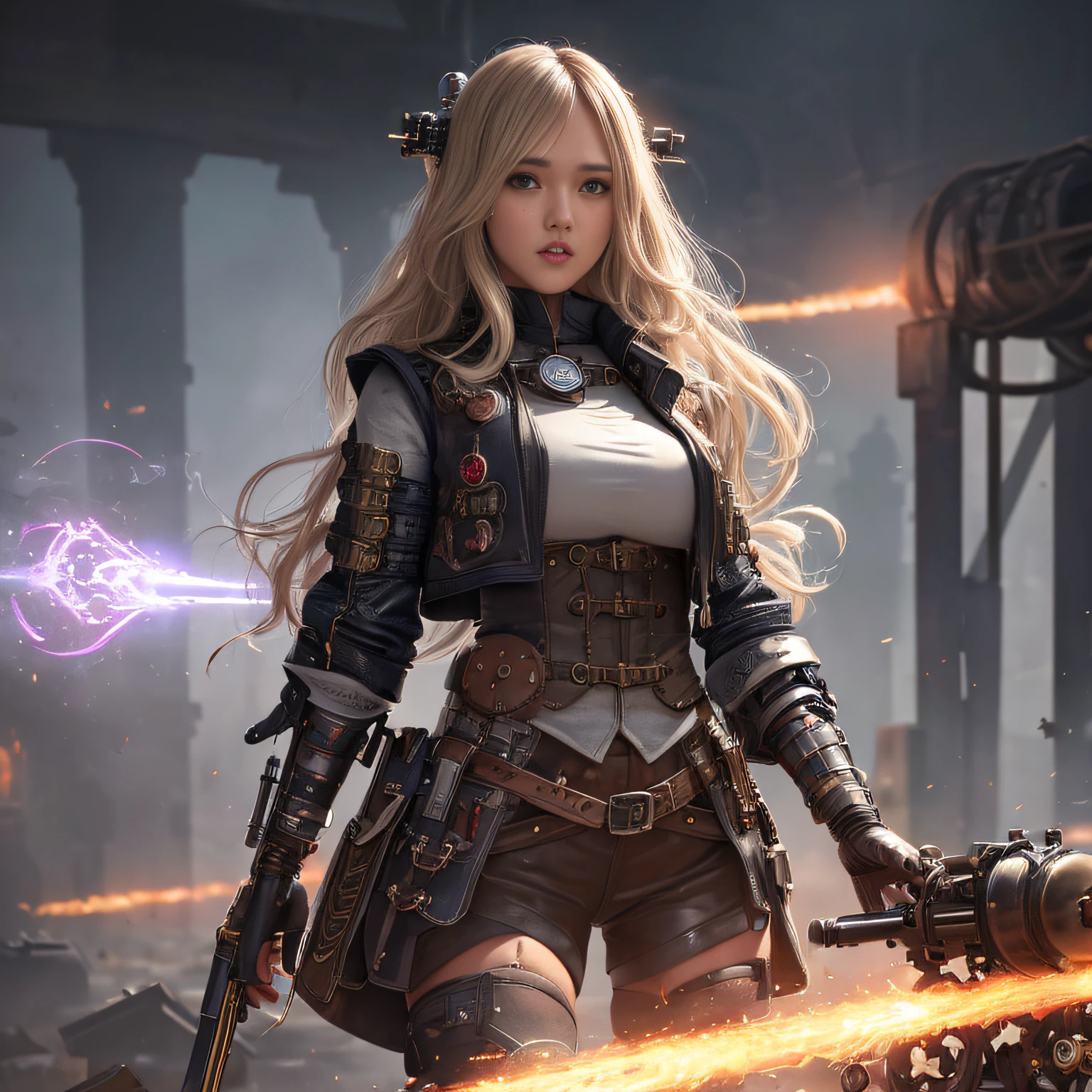 Jessica Alba, (absurdres, highres, ultra detailed), 1woman, mature female, aged, long wavy hair, split-colored hair, heterochromia, bangs, long sleeves, finely detailed eyes and detailed face, extremely detailed CG unit 8k wallpaper, intricate details, (style-rustmagic: 0.8), (medieval cyborg: 0.8), portrait, (bloody wounds:0.7), looking at the viewer, solo, half shot, detailed background, (steampunk theme:1.1) determined expression, technomancer dark couds, floating lights, colorful leather vest with gears, techwear, jetpack, workshop in the background, machines, gears, steam, industry, technology, oven, dirt, anvil, buttons, levers, automaton, electricity, electric sparks epic atmosphere,, portrait