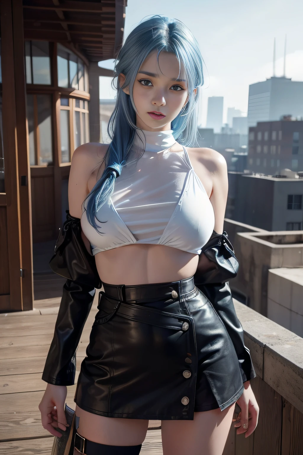 8K, Top Quality, Intricate Details, Ultra Detail, Ultra High Resolution, Masterpiece, close up shot, (full body: 1.1), Slender, Smile, (Makeup: 0.4), ((sexy pose,)), (Fluffy blue Eyes: 1.21), (()), 1girl, solo, 1 girl, ((blue hair, bangs, very long hair, )), close up shot, , ((tall)), (((fit body))), (((slim face))), sharp face, ((wind blow, strong wind, wind blow hair, wind blow jacket )) , (detailed face), sharp face, small lips, perfect hands, (())  ((skin tight outfit,)), , (()),, detailed face, detailed breast,, huge breast , ((detailed nipples)), detail ass, Narrow Waist, Skinny, tall , 175 cm tall, Muscular, Navel, Exposed Abdomen, Pointed Chest,, Beautiful girl with accentuated slender abs: 1.4, Six Pack Abs: 1.4, Bust Botox, Big, Perfect Body, detail leg, (( dark background)), black background,