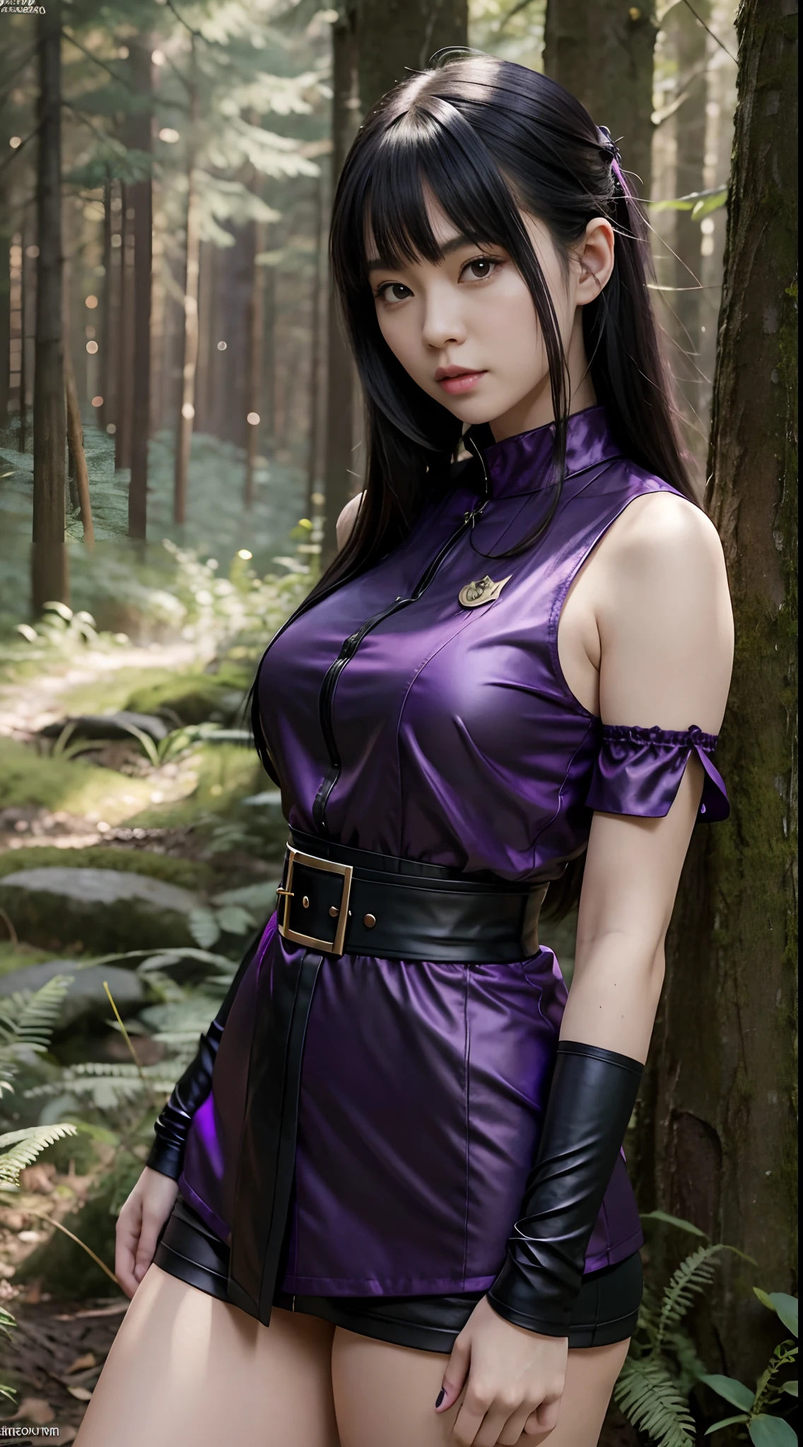 realistic girl in a purple and black outfit standing in front of a forest, keqing from genshin impact, keqing from genshin impact, Judy Alvarez, keqing genshin impact, realistic moe artstyle, black - haired mage, demon slayer rui, keqing game genshin impact, IU