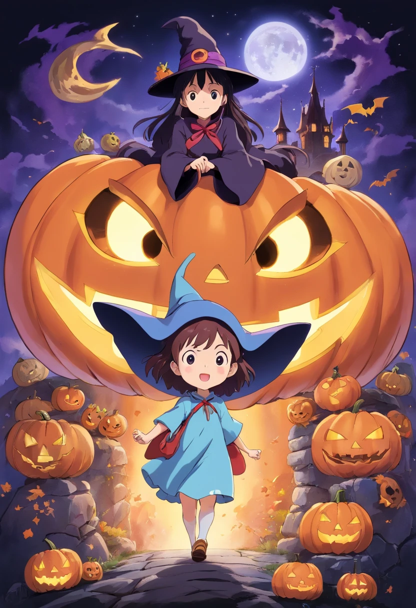 Elementos de Halloween, arte em aquarela: morcego preto, Ghost Ghost Pumpkin, Lua Fantasma, Vassoura fantasma, Purple talking hat witch, Aranha com listras amarelas e pretas, Castelo da Bruxa, Magical black background, Simple image with special sticker illustration