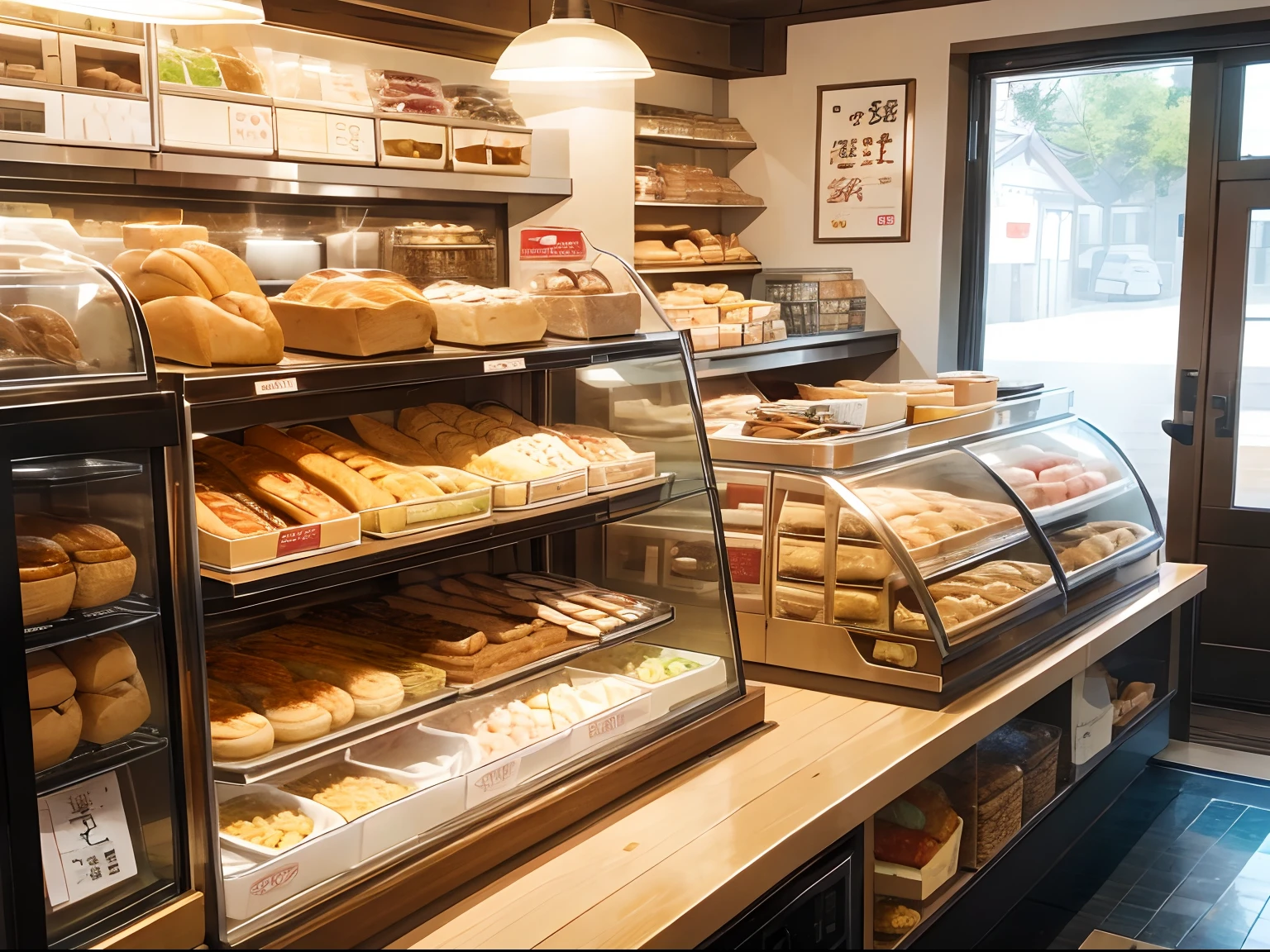 Interior of cute local bakery, check out counter with Maneki-neko on the counter, baguettes