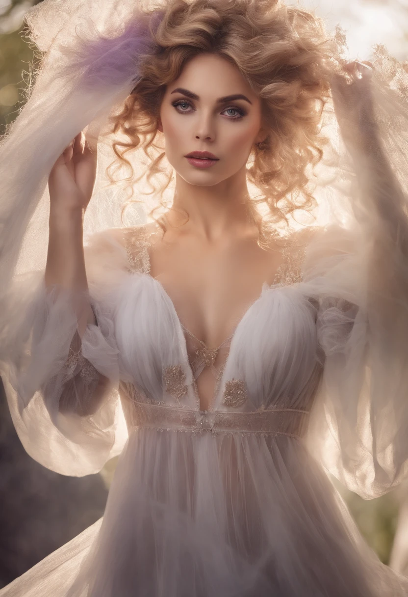 (Focus on the chest:1.2), Poster photo,( Charm of Sicily Goddess 1.3), (Beautiful face:1.3), Detailed eyes, lusciouslips, (d-cup breasts:1.2),Purple tulle pajamas,((cleavage 1.4)),Wavy hair,cinmatic lighting,gentlesoftlighting, 8K, High-density imaging,Master masterpieces