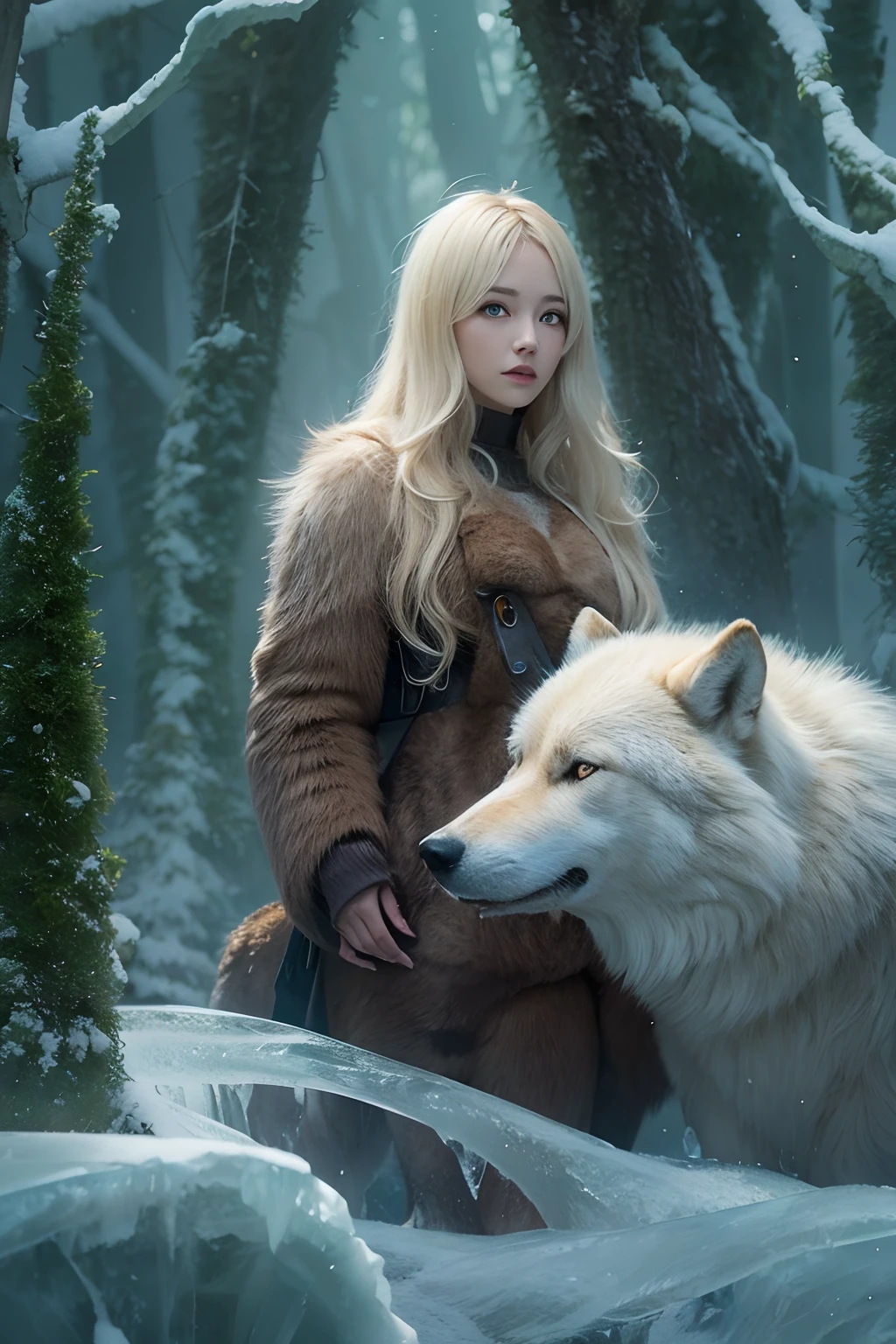 Blonde girl in the ice forest,Next to it is a large brown wolf.
