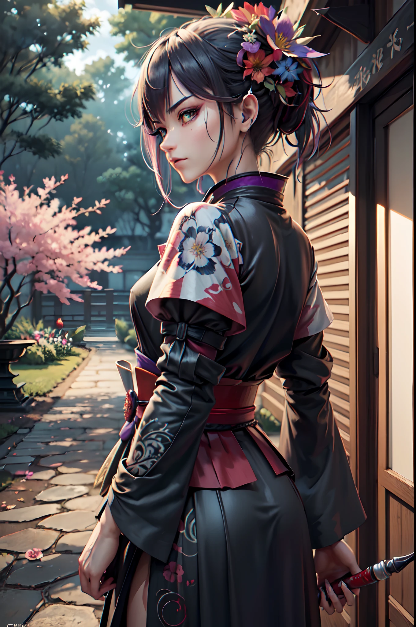 ((Shiki)), incredibly detailed illustration, Good-looking girl samurai, cara digna e fria, Stunning beautiful piece of art, de baixo, de lado, Looking back, olhar afiado, olhos afiados inclinados para cima, Standing, revestido de medo, Coercion and Atmosphere of Fear, Water Ink Over Fountain Pen Ink And Oil Ink Coloring, intrincado e detalhado art sun, Belo brilho detalhado, (Tempestade de flores de cerejeira:1.4), (Impeccable quality:1.3), extremely high quality, alta qualidade, best quality, (textura de detalhe extremamente insana:1.3),