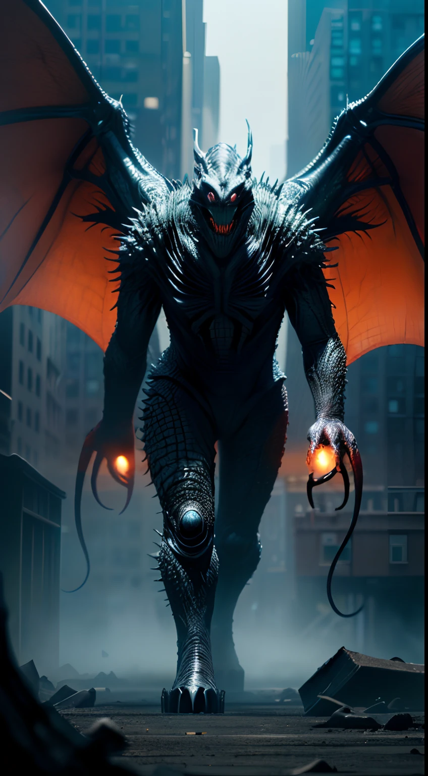 bizarre alien creature, giant kaiju creepie monster, surrealism, looming creature with a strong power, kaiju destroying new york, kaiju cephalopod monster, nanotech demonic monster horror, scary giant monster, bizarre alien creature, giant kaiju monster destroying city, high detail, photorealism, 4k