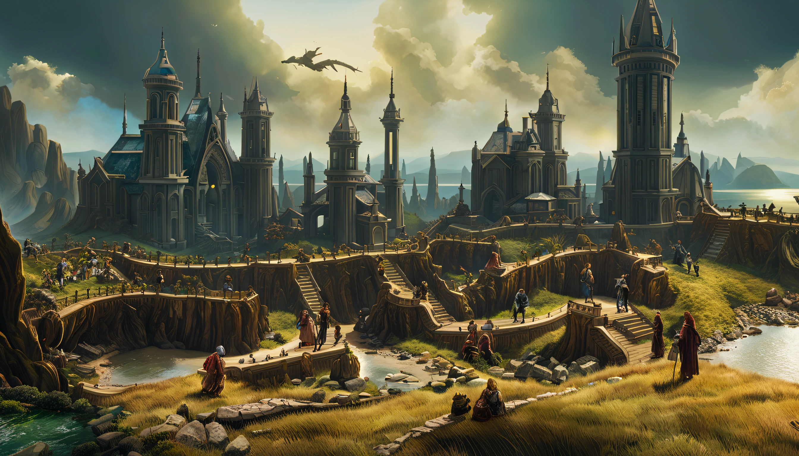 (by Greg Rutkowski: 1.2), (masterpiece), ((best quality)), extremely delicate and beautiful, illustration, 8K post-production, high resolution, hyperdetailed, depth of field, HDR, intricate, (fantasy landscape), A mesmerizing fantasy landscape with enchanting elements blending seamlessly. ((fantasy sky island, Skycity of Bhujerba from final fantasy XII)), A sense of tranquility and wonder fills the air, inviting exploration and discovery. Providing a distant view that captures the grandeur and atmosphere. From Brian Froud and Carne Griffiths and Wadim Kashin and John William Waterhouse.