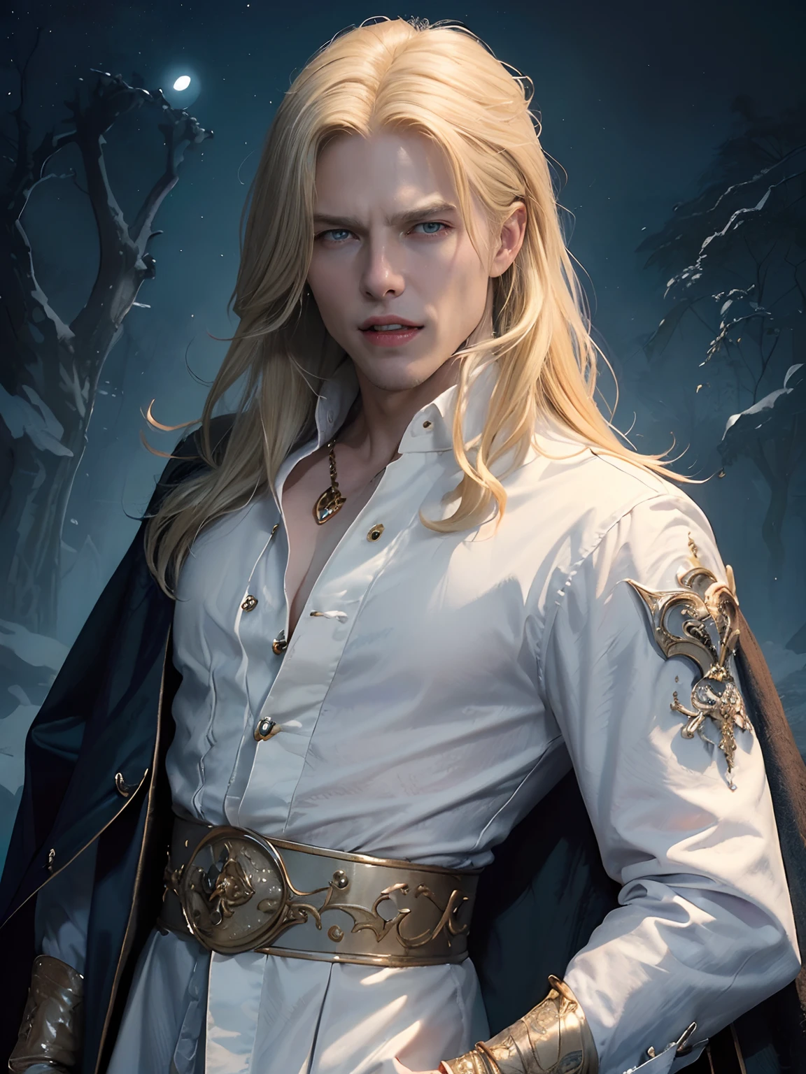 (masterpiece、top-quality、top-quality、Detailed and complex、official art、aesthetically pleasing:1.3)、(1 blonde haired male vampire with fangs in:1.3)、(Tom Cruise look) (revealing fangs) (realistic art:1.3)、blue coat, white shirt, gold accessories, gothic castle background. Moon and stars background