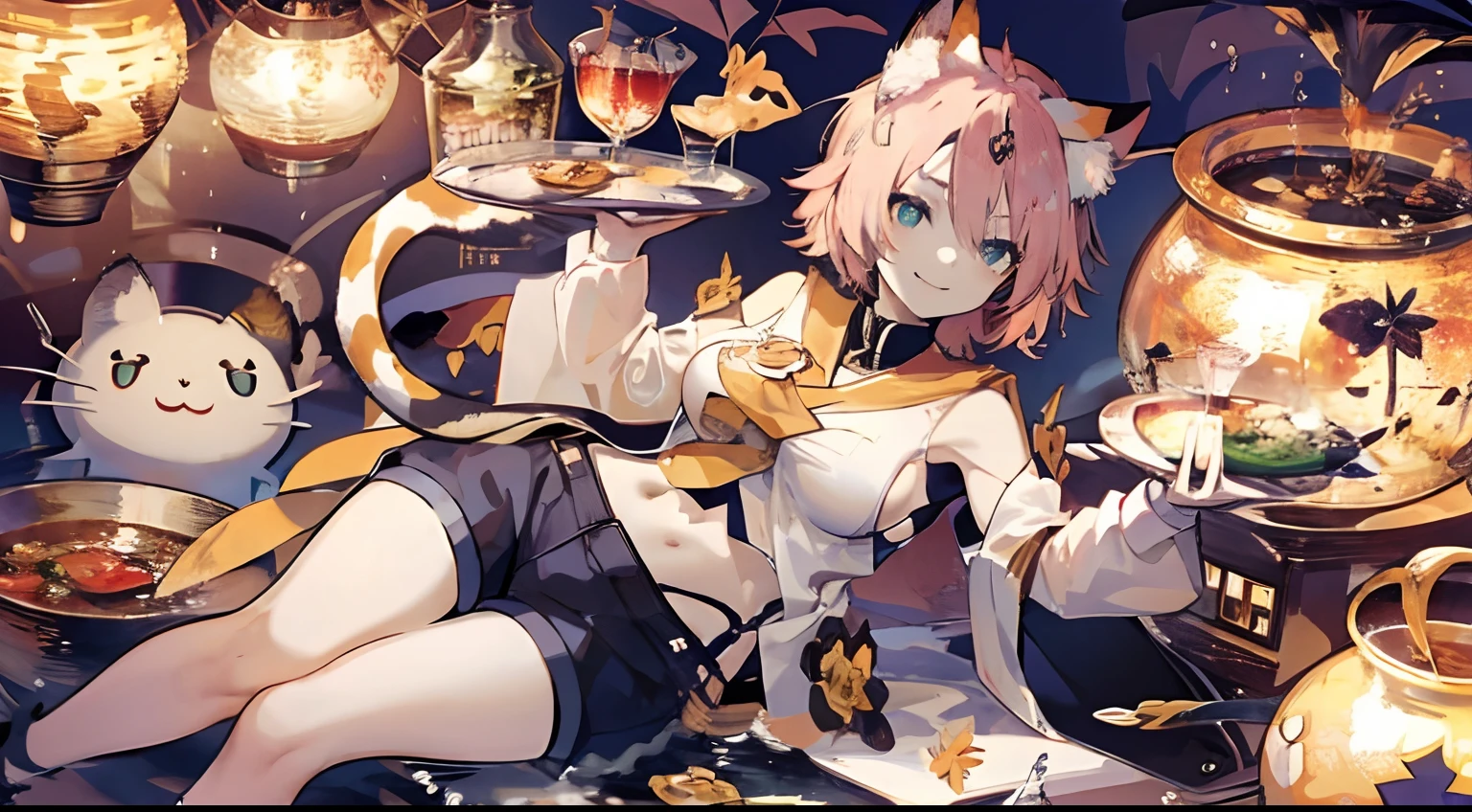 Illustration, UHD, retina, masterpiece, accurate, anatomically correct, super detail, high details, high quality, award winning, best quality, highres, good anatomy, 1080P, HD, 4K, 8k, 16k, 1girl, dynamic pose, androgynous, detailed eyes, detailed clothes, detailed hair, rendering, strands of hair, cute waifu, diona, pink short hair, cat ears, big breast, smiling, crop top, blac shorts, bare legs, Japanese scene