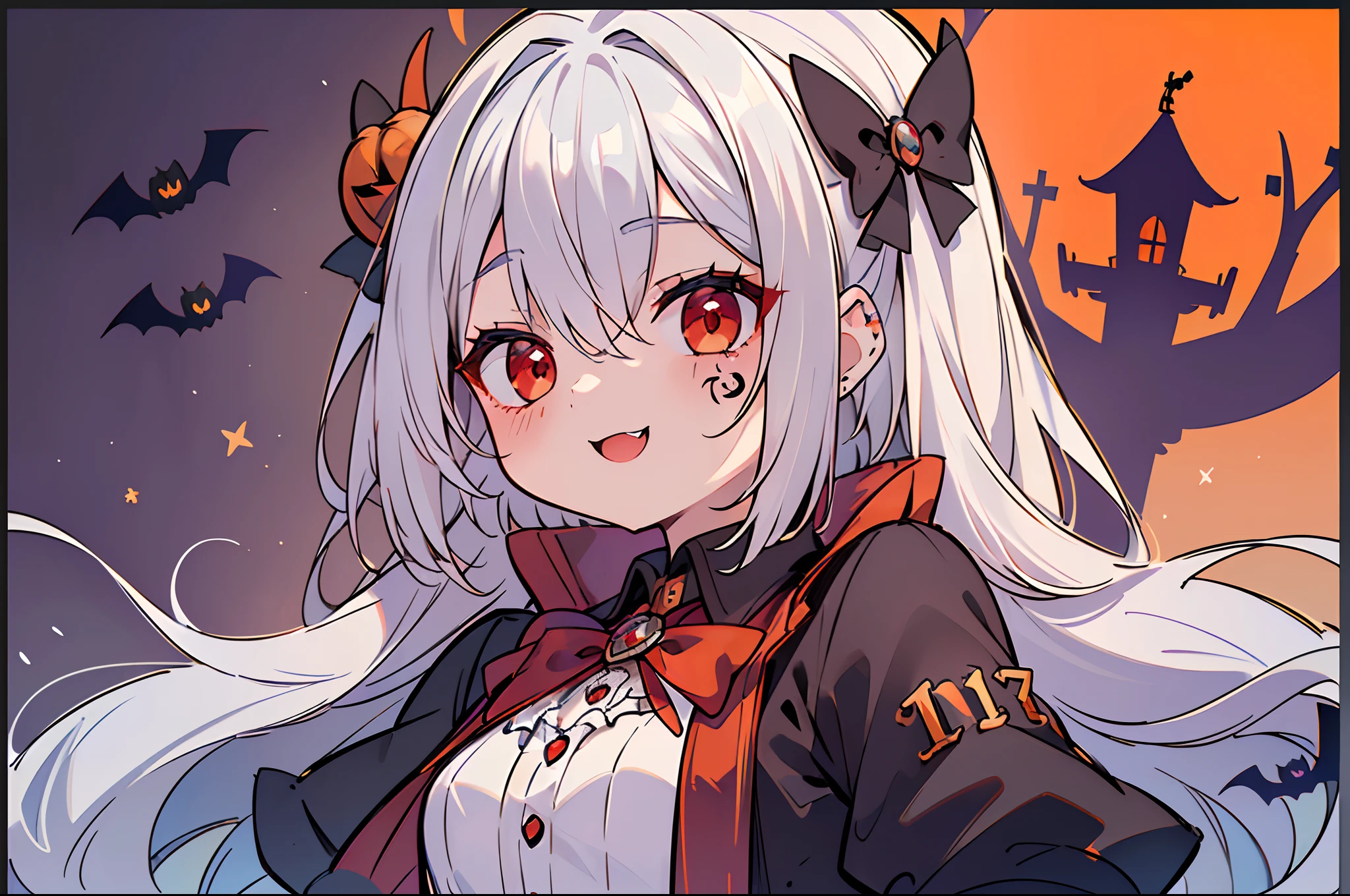 top-quality, Top image quality, in 8K, 4K,​ masterpiece, (NSFW:1.1), ultra-detailliert, Beautiful, ultra-quality, Beautiful fece, girl with(((18year old, Halloween Style Costumes:1.3, Little Devil 1:3, Bust 78, silver hair, a short bob, Red Eyes, erotick:1.4, Happiness, The tattoo))), high quality, visual art, Background with((Halloween 1.2)), masterpiece