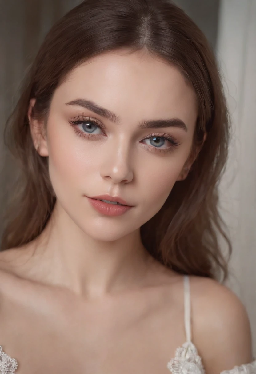 Arafed woman completely , fille sexy aux yeux bleus, ultra realist, Meticulously detailed, Portrait Sophie Mudd, cheveux bruns et grands yeux, selfie of a young woman, marche, Violet Myers, sans maquillage, maquillage naturel, looking straight at camera, Visage avec Artgram, Maquillage subtil, Great photo of the whole body kneeling on the bed, dans la chambre, Medium to large bust