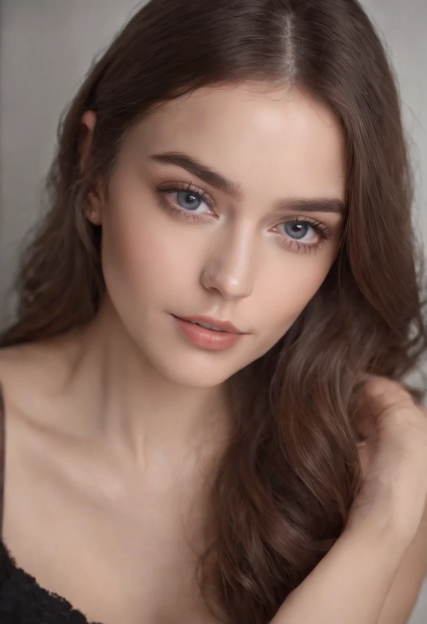Arafed woman with matching tank top and panties, fille sexy aux yeux bleus, Portrait Sophie Mudd, cheveux bruns et grands yeux, selfie of a young woman, Yeux de chambre, Violet Myers, sans maquillage, maquillage naturel, looking straight at camera, Visage avec Artgram, Maquillage subtil, Superbe photo du corps entier, clivage, Dans son lit