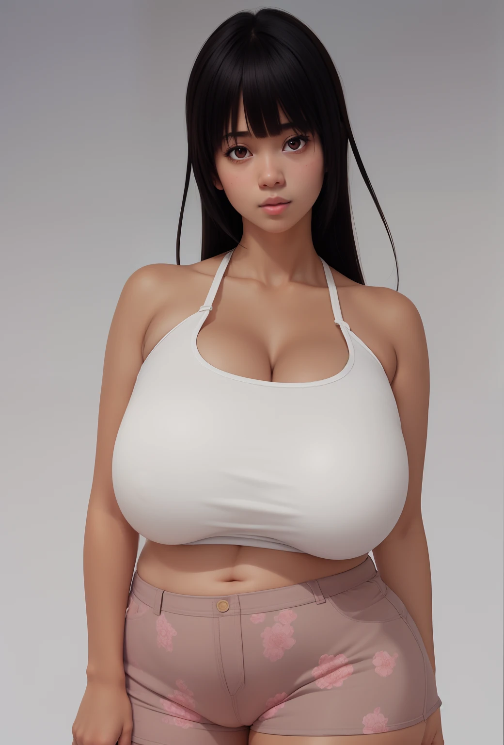 (best quality), big head, (1girl with gigantic breasts:1.3) Fat girl , Tank Top , pink Hot pants , Brown Skin , Black Hair , Hime Cut hair , Hime hair , Sexy , Ultra HD , 8k