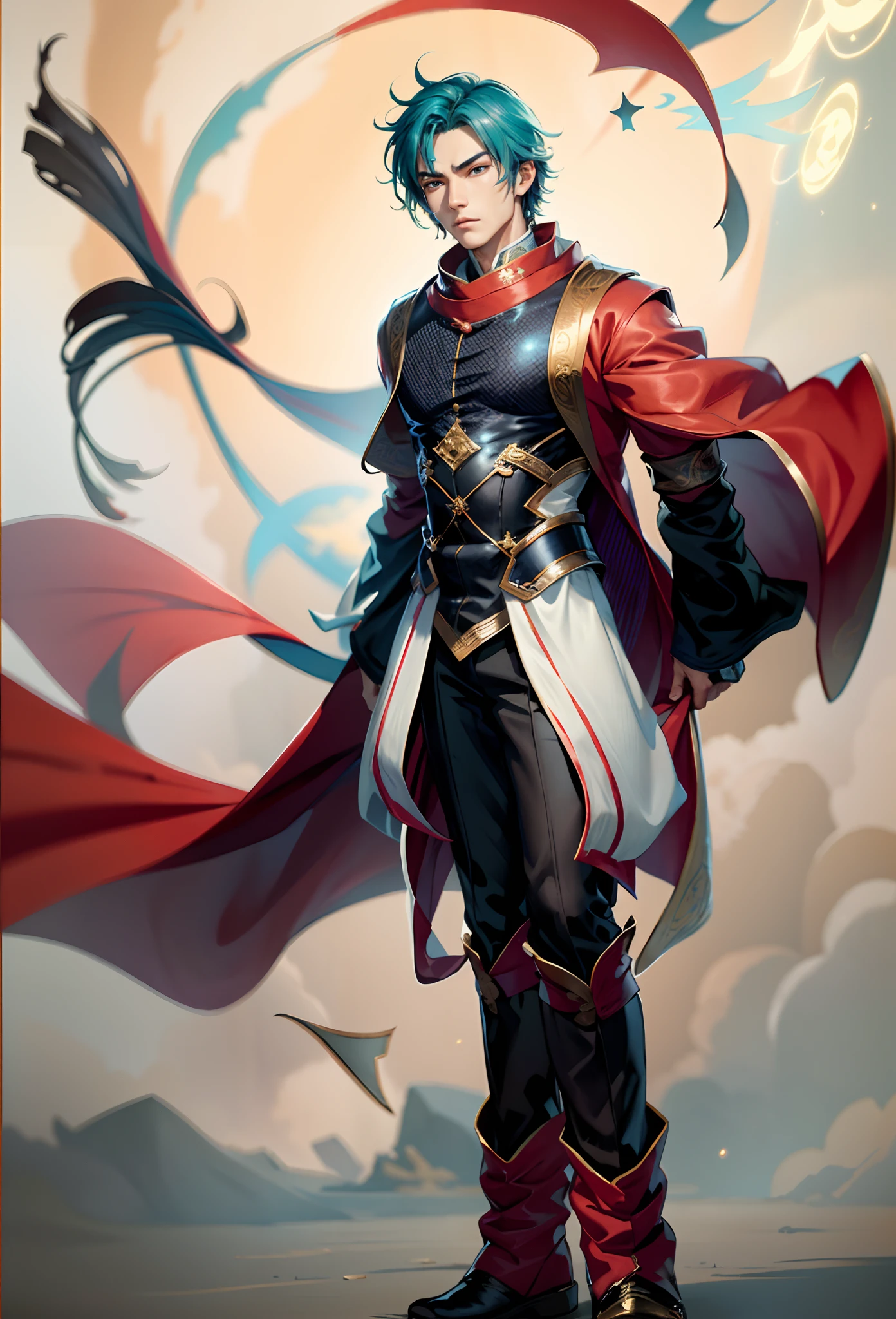 A young man with short aquamarine hair, sharp eyebrows, starry eyes, radiating a righteous aura, a two-piece fantasy wuxia-style outfit, featuring a traditional Chinese martial arts long gown, a wide overcoat, flowing sleeves, the color scheme is mainly red and white, with yellow as secondary colors, matching trousers, sturdy cloth boots, the background depicts a dreamy pattern of geometric symbols and stars, this character embodies a finely crafted fantasy-style Chinese martial hero in anime style, characterized by an exquisite and mature manga illustration art style, full body character drawing, high definition, best quality, highres, ultra-detailed, ultra-fine painting, extremely delicate, professional, anatomically correct, symmetrical face, extremely detailed eyes and face, high quality eyes, creativity, RAW photo, UHD, 8k, Natural light, cinematic lighting, masterpiece:1.5