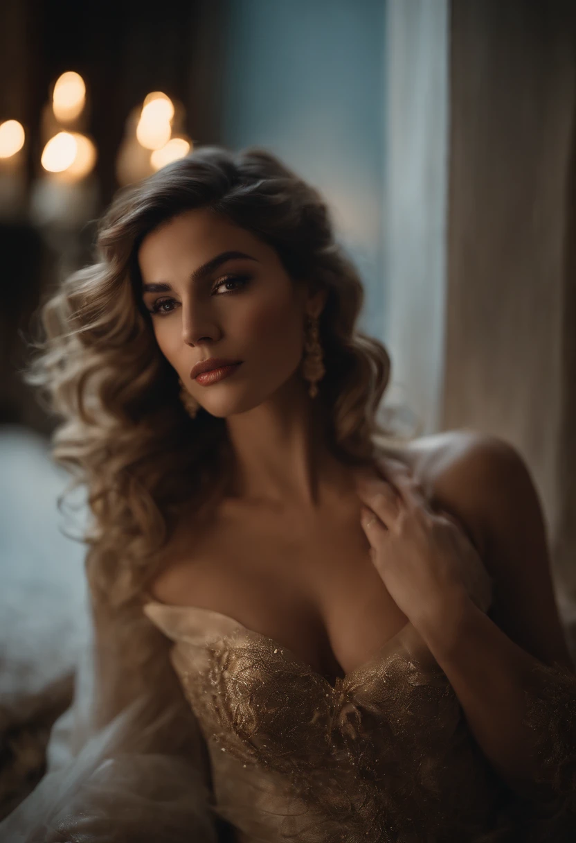(Focus on the chest:1.2),Magazine photo,( Sicilian Goddess 1.3), (The ultimate beautiful face:1.3), Detailed eyes, lusciouslips, (D-cup bronzed breasts:1.2),Blue tulle pajamas,((cleavage 1.4)),Wavy hair,cinmatic lighting,gentlesoftlighting, 8K, High-density imaging,Master masterpieces