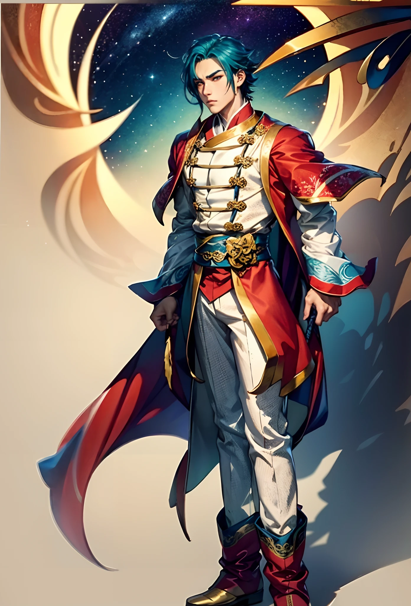 A young man with short aquamarine hair, sharp eyebrows, starry eyes, radiating a righteous aura, a two-piece fantasy wuxia-style outfit, featuring a traditional Chinese martial arts long gown, a wide overcoat, flowing sleeves, the color scheme is mainly red and white, with yellow as secondary colors, matching trousers, sturdy cloth boots, the background depicts a dreamy pattern of geometric symbols and stars, this character embodies a finely crafted fantasy-style Chinese martial hero in anime style, characterized by an exquisite and mature manga illustration art style, full body character drawing, high definition, best quality, highres, ultra-detailed, ultra-fine painting, extremely delicate, professional, anatomically correct, symmetrical face, extremely detailed eyes and face, high quality eyes, creativity, RAW photo, UHD, 8k, Natural light, cinematic lighting, masterpiece:1.5