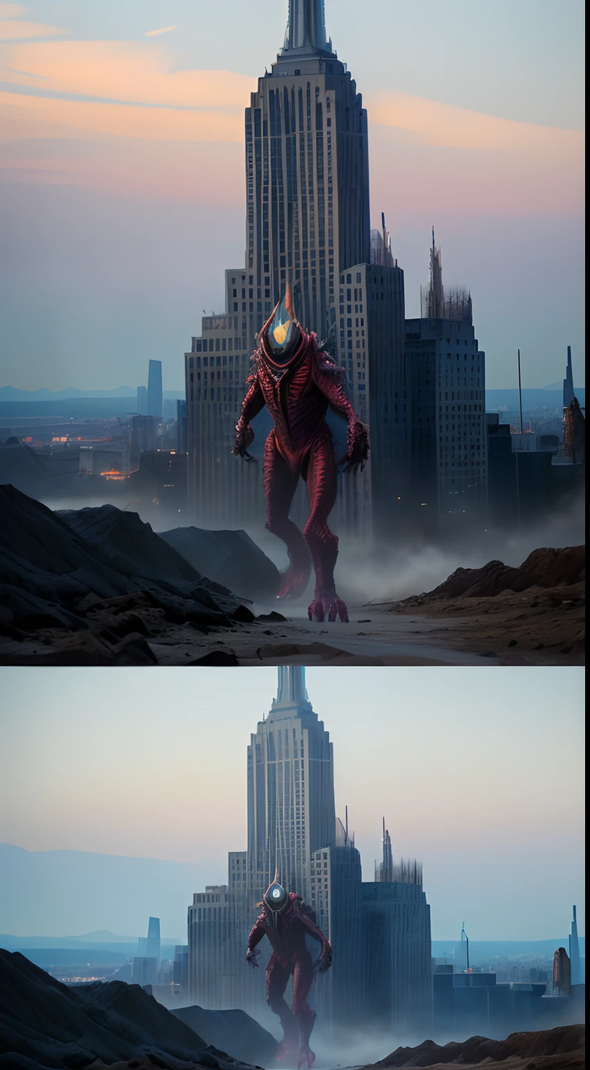 bizarre alien creature, giant kaiju creepie monster, surrealism, looming creature with a strong power, kaiju destroying new york, kaiju cephalopod monster, nanotech demonic monster horror, scary giant monster, bizarre alien creature, giant kaiju monster destroying city, high detail, photorealism, 4k