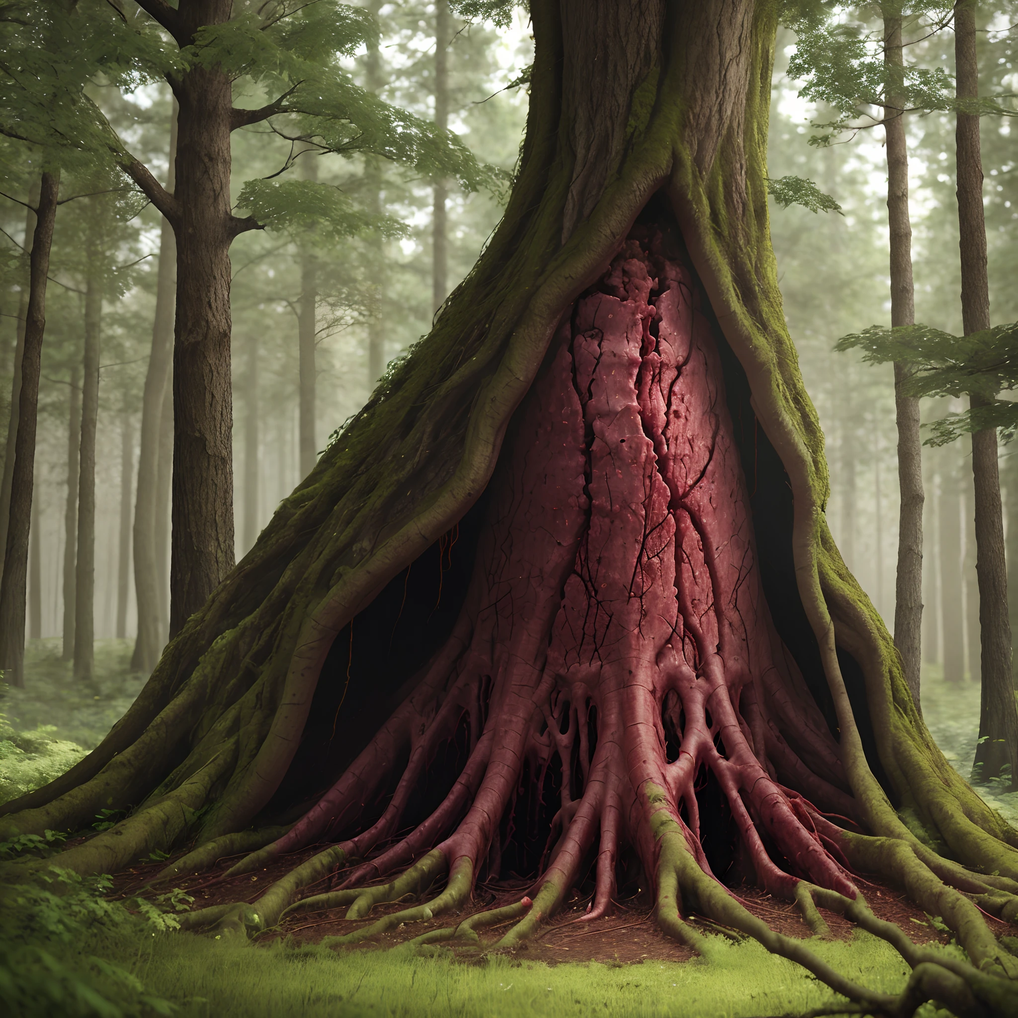 Realistic Bloody mass of flesh with veins growing out of tree in dark forest