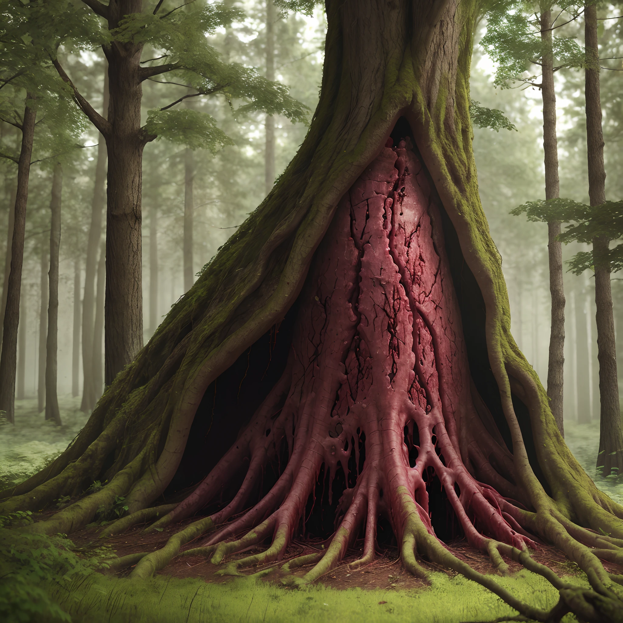 Realistic Bloody mass of flesh with veins growing out of tree in dark forest, best quality, dynamic lighting, gore, blood leaking, photo realistic