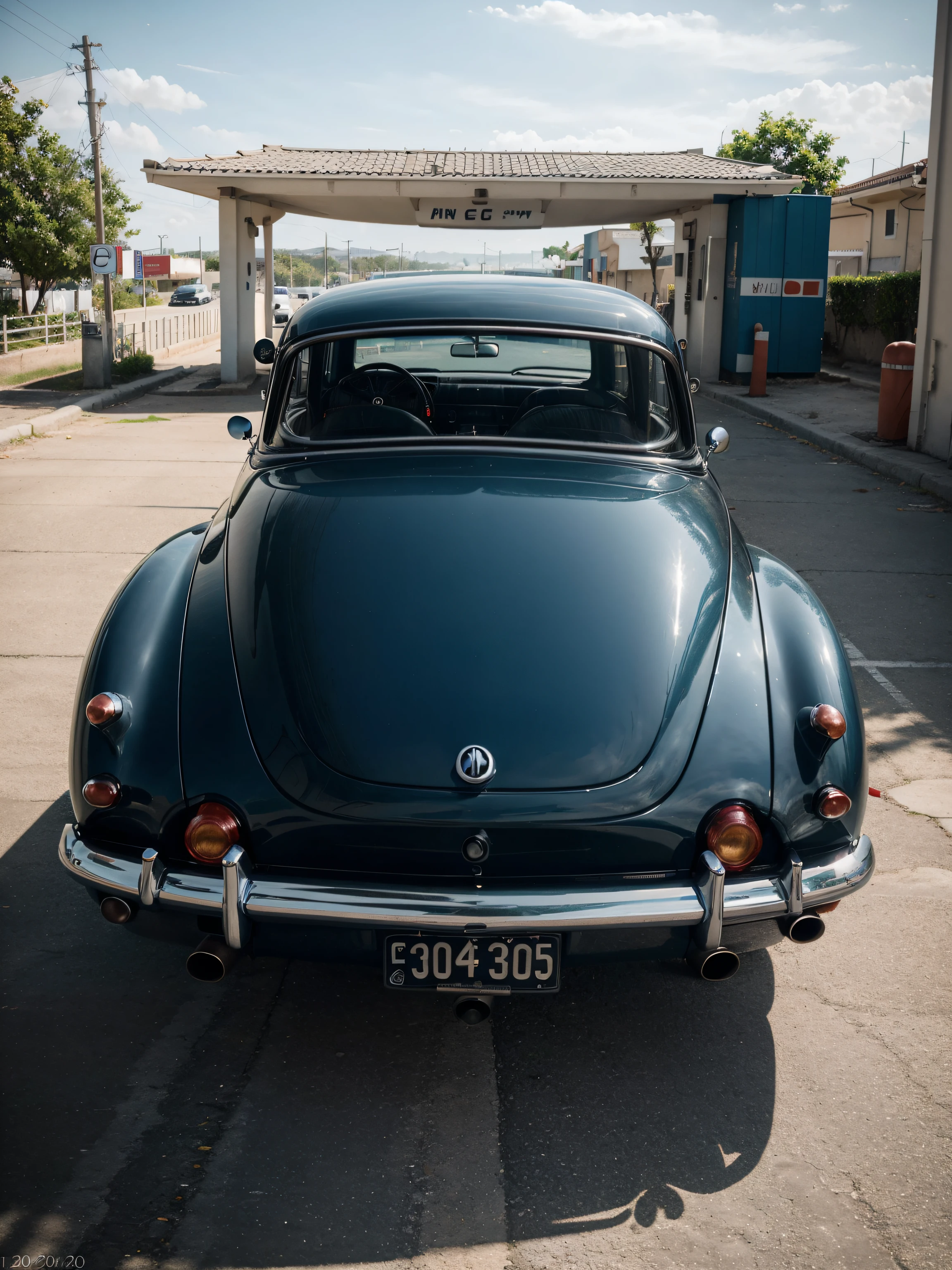 A photograph of a car retro, Realism,with Symmetry in Synchromism style. The model should be wearing a vibrant patterned outfit and posed against,Extreme high-angle shot: Canon EF 70-200mm f/2.8L IS III USM lens on a Canon EOS 5D Mark IV camera with a high-angle tripod, --v 5.2