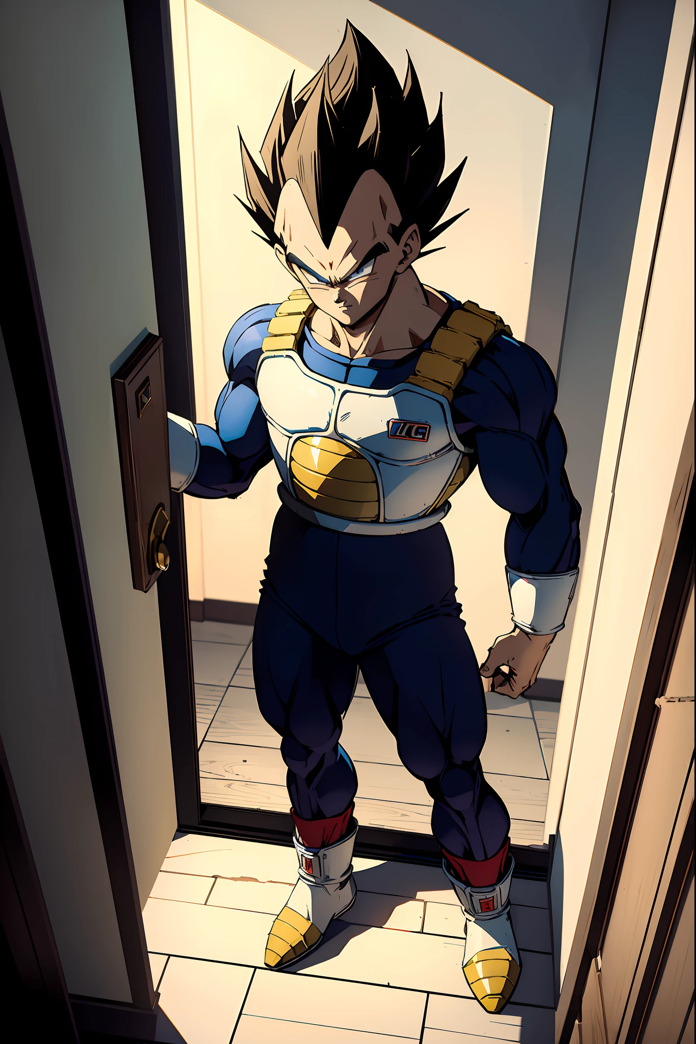 ((masterpiece)), High Quality, Vegeta, Wearing Saiyan armor, Blue armor, Standing at the doorway, doorbell cam scene, looking at camera, Holding a baseball bat, late night, eerie scene, Dark vibe, Perfect detail, Menacing