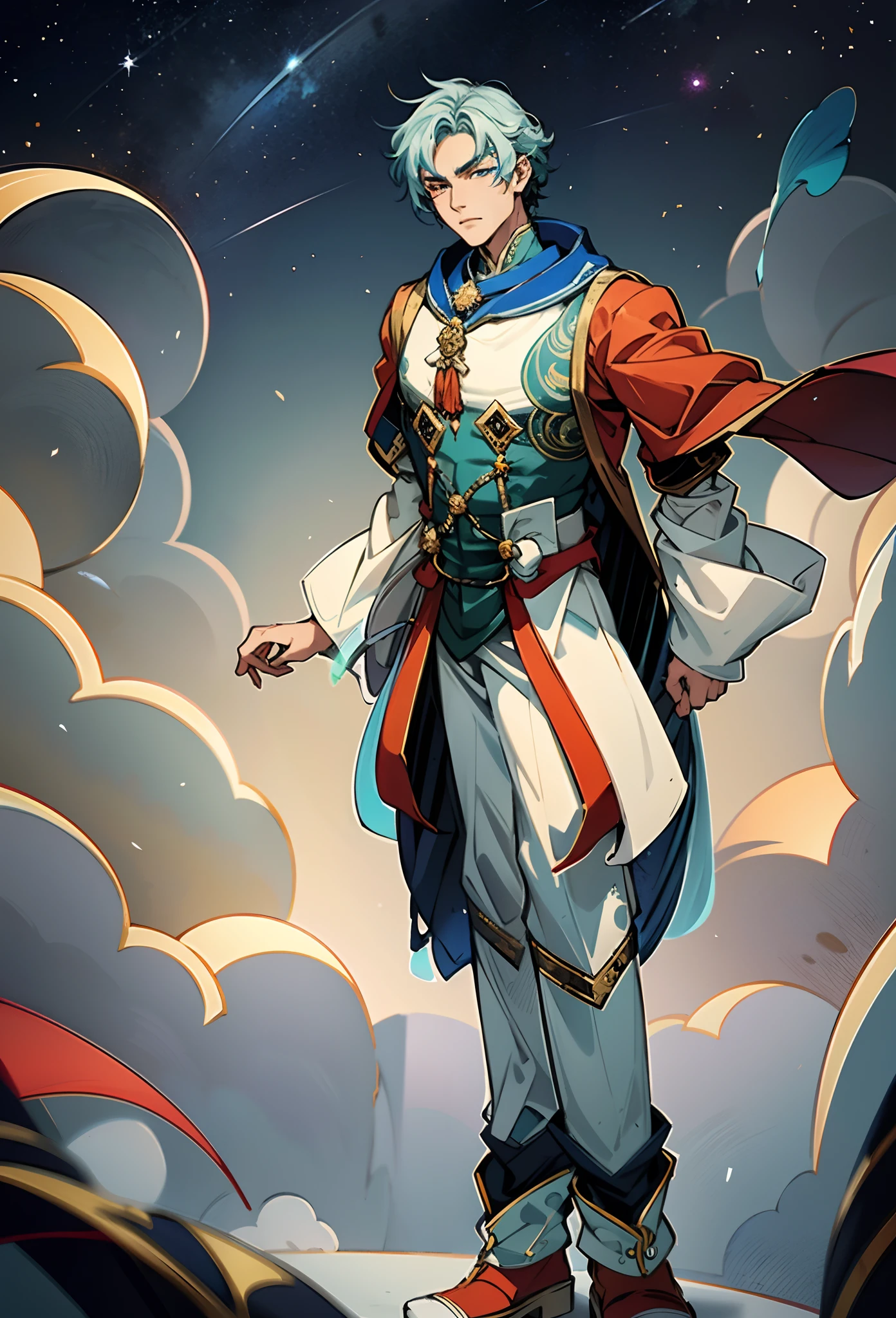 A young man with short aquamarine hair, sharp eyebrows, starry eyes, radiating a righteous aura, a two-piece fantasy wuxia-style outfit, featuring a traditional Chinese martial arts long gown, a wide overcoat, flowing sleeves, the color scheme is mainly red and white, with yellow as secondary colors, matching trousers, sturdy cloth boots, the background depicts a dreamy pattern of geometric symbols and stars, this character embodies a finely crafted fantasy-style Chinese martial hero in anime style, characterized by an exquisite and mature manga illustration art style, full body character drawing, high definition, best quality, highres, ultra-detailed, ultra-fine painting, extremely delicate, professional, anatomically correct, symmetrical face, extremely detailed eyes and face, high quality eyes, creativity, RAW photo, UHD, 8k, Natural light, cinematic lighting, masterpiece:1.5