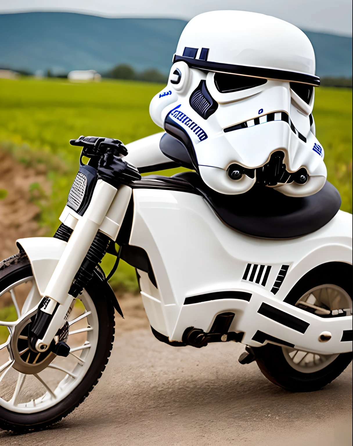 A stormtrooper riding a bike in the countryside pooping brown chili