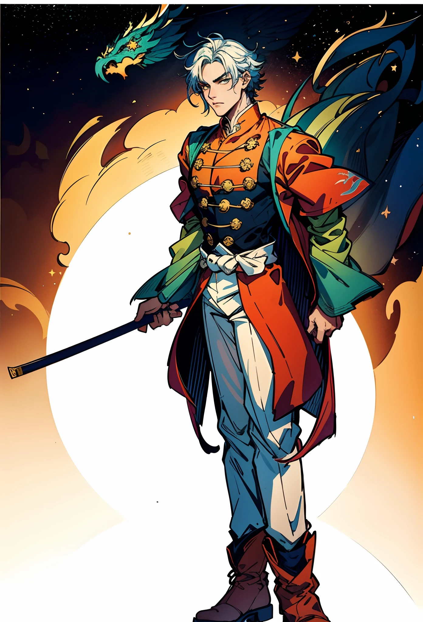 A young man with short aquamarine hair, sharp eyebrows, starry eyes, radiating a righteous aura, a two-piece fantasy wuxia-style outfit, featuring a traditional Chinese martial arts long gown, a wide overcoat, flowing sleeves, the color scheme is mainly red and white, with yellow as secondary colors, matching trousers, sturdy cloth boots, the background depicts a dreamy pattern of geometric symbols and stars, this character embodies a finely crafted fantasy-style Chinese martial hero in anime style, characterized by an exquisite and mature manga illustration art style, full body character drawing, high definition, best quality, highres, ultra-detailed, ultra-fine painting, extremely delicate, professional, anatomically correct, symmetrical face, extremely detailed eyes and face, high quality eyes, creativity, RAW photo, UHD, 8k, Natural light, cinematic lighting, masterpiece:1.5