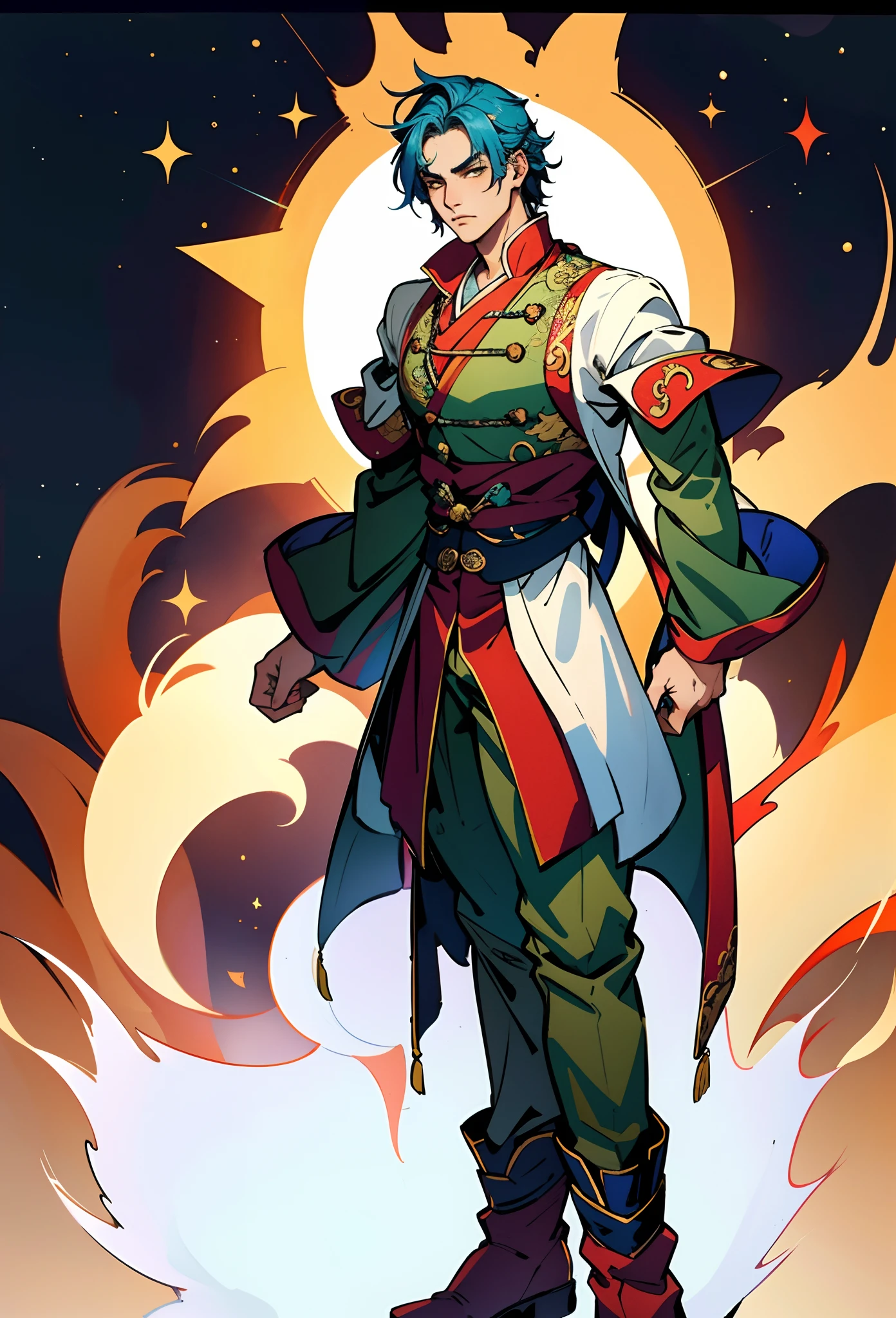 A young man with short aquamarine hair, sharp eyebrows, starry eyes, radiating a righteous aura, a two-piece fantasy wuxia-style outfit, featuring a traditional Chinese martial arts long gown, a wide overcoat, flowing sleeves, the color scheme is mainly red and white, with yellow as secondary colors, matching trousers, sturdy cloth boots, the background depicts a dreamy pattern of geometric symbols and stars, this character embodies a finely crafted fantasy-style Chinese martial hero in anime style, characterized by an exquisite and mature manga illustration art style, full body character drawing, high definition, best quality, highres, ultra-detailed, ultra-fine painting, extremely delicate, professional, anatomically correct, symmetrical face, extremely detailed eyes and face, high quality eyes, creativity, RAW photo, UHD, 8k, Natural light, cinematic lighting, masterpiece:1.5