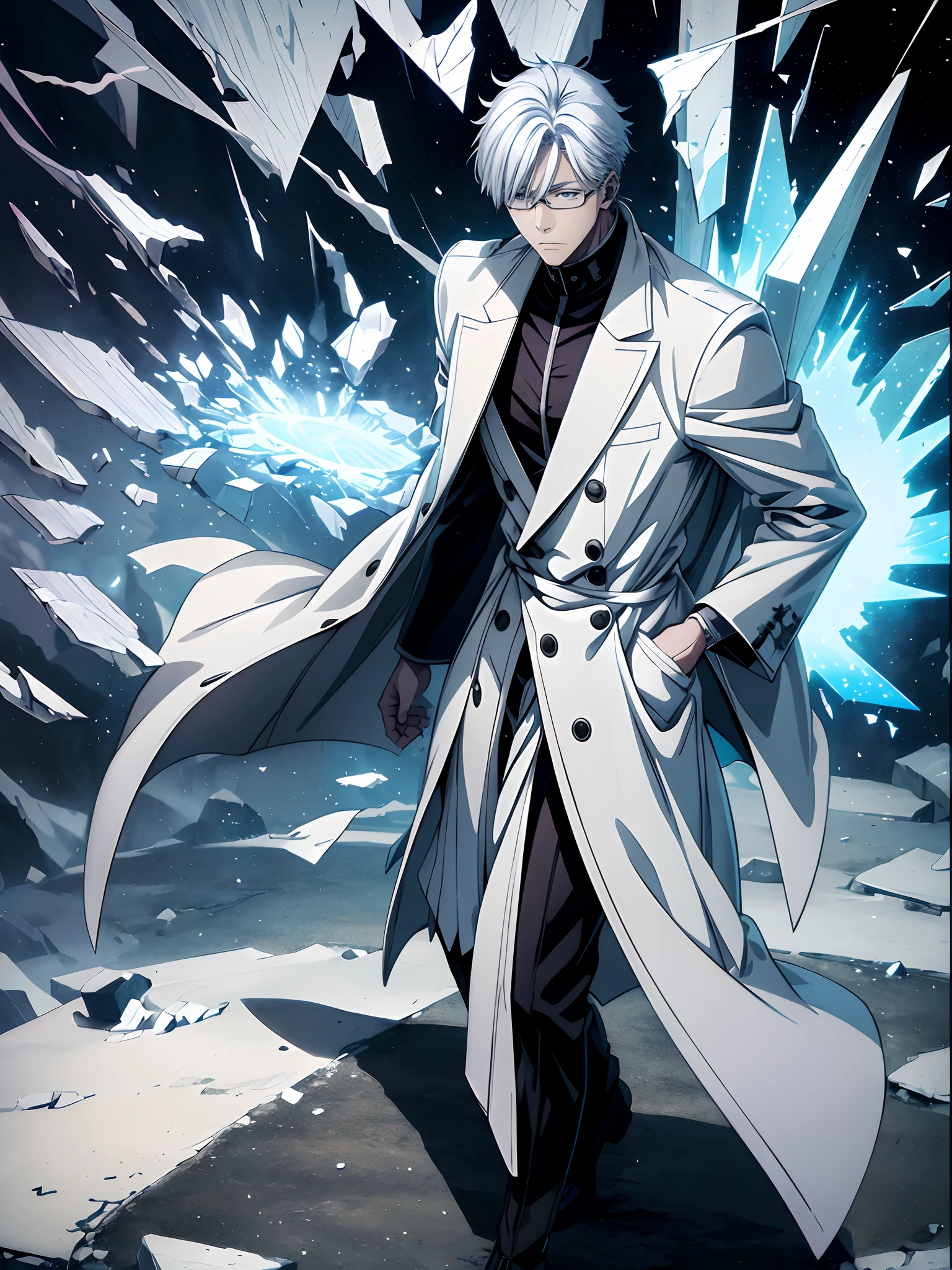 anime boy with white hair, arima kishou short hair, BEAUTIFUL, STYLISH satoru gojo, tall, muscular, wearing a thick torn black overcoat, collar covering his mouth, high-top military boots, warrior, battlefield , magic effect, strongest man, broken glass effect, broken space, wearing white glasses, arima kishou short hair