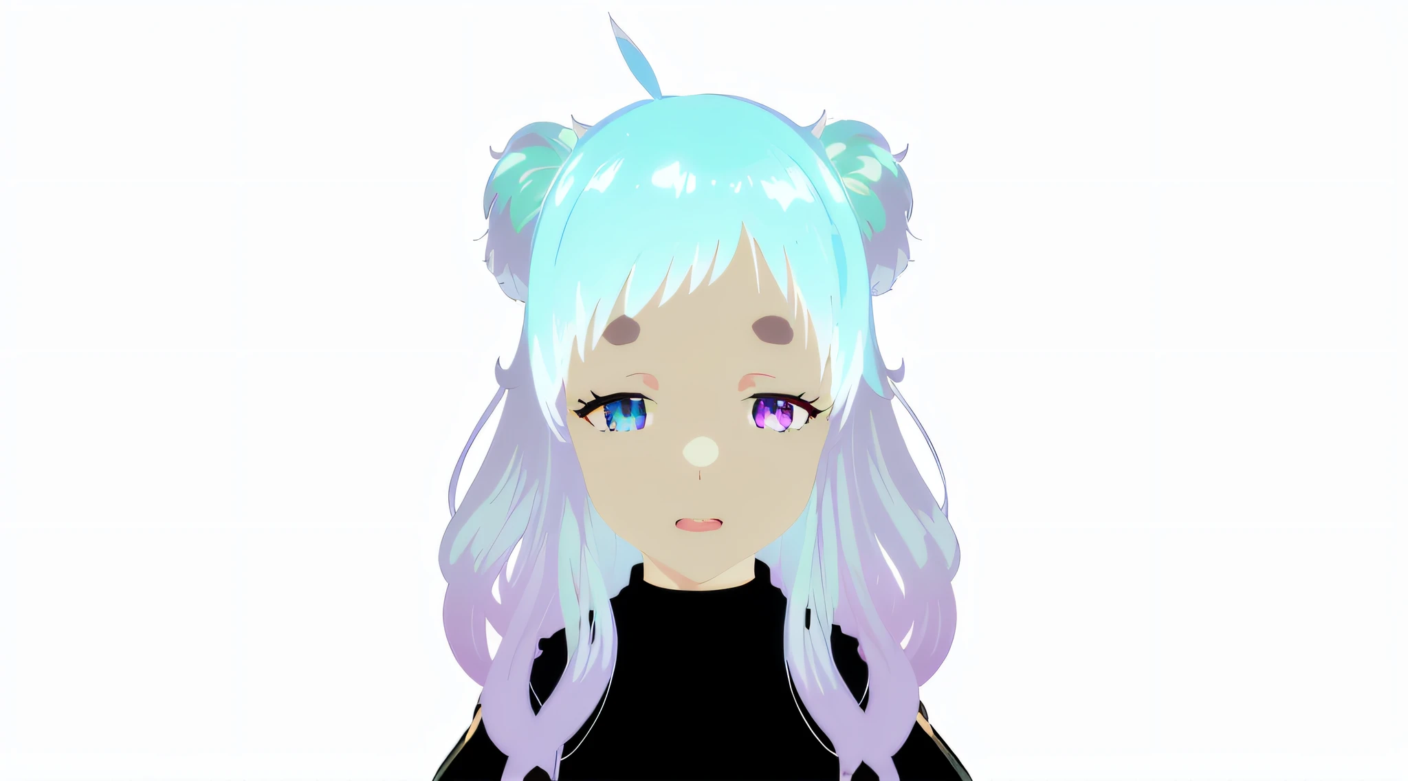 Anime girl with blue hair and purple eyes isolated on black background, Pink twin-tailed hair, detailed anime soft face, anime styled 3d, render of a cute 3d anime girl, anime stylized, Anime style. 8K, cute anime face, Stylized anime, Cute anime face, Lineless, live2d virtual youtuber model, Pill eyebrows