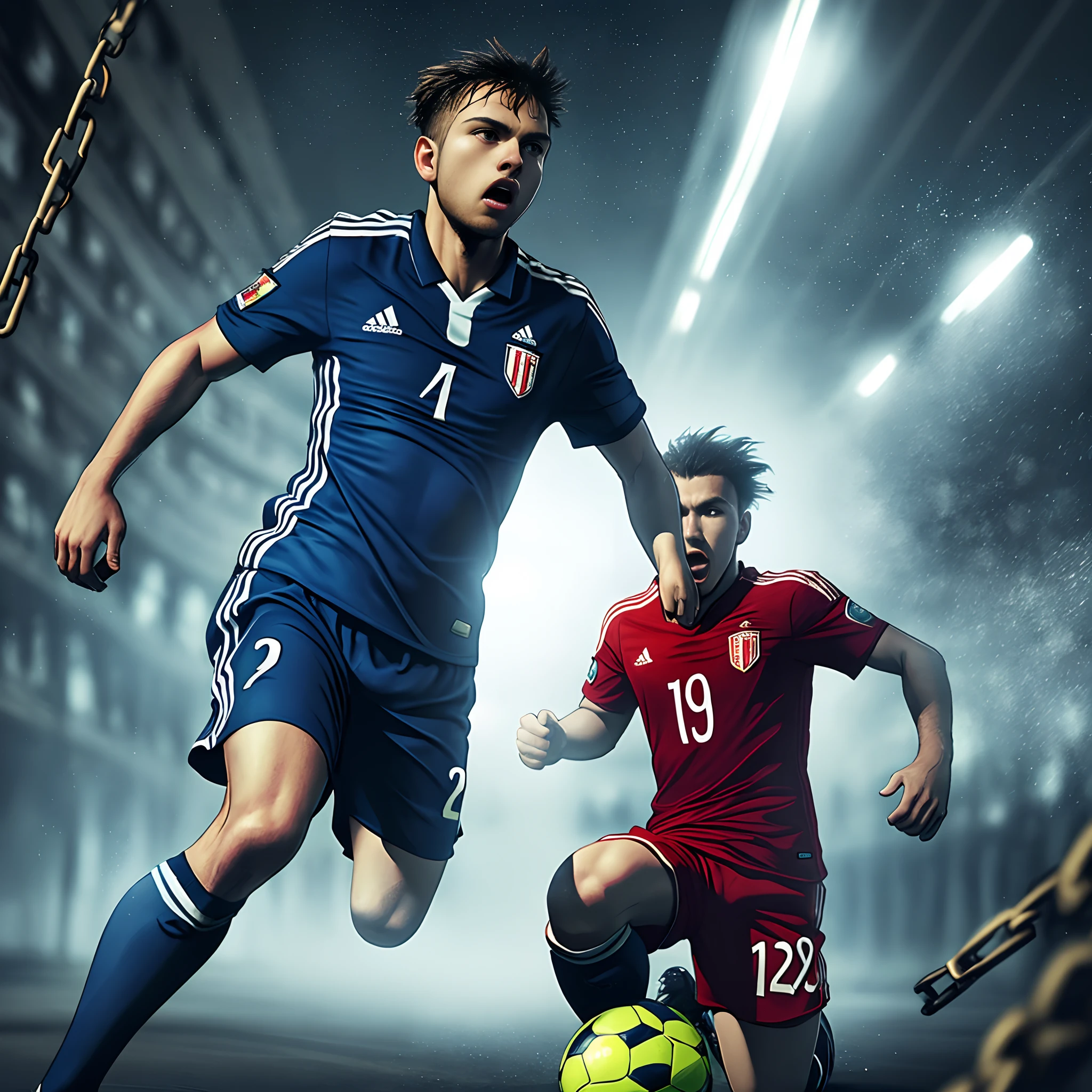 Make an image where a soccer player is seen running but also is held back from chains that tie to his knee resembling the frustration a player feels when he is recovering from a knee injury