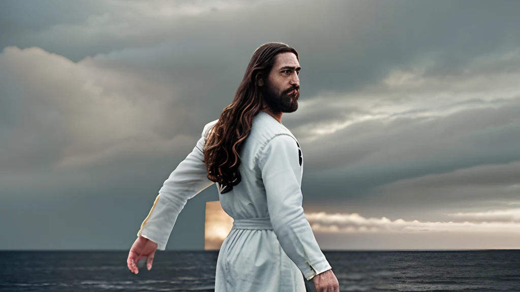 image of Jesus in his thirties with period clothes, long hair and beard, with white clothes, his entire body appears, walking sideways, realistic chromatic 16x9