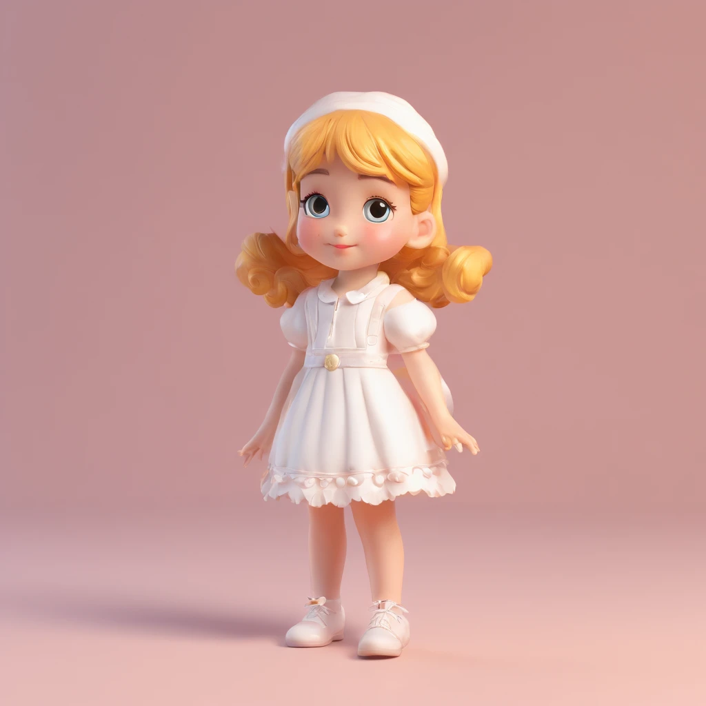 super cute girl IP by pop mart, Bright eyes, cherub,Little white dress, Clay, Models, a blind box toy, Glossy and delicate,Clean background, Good gloss, 3D rendering of,Best quality