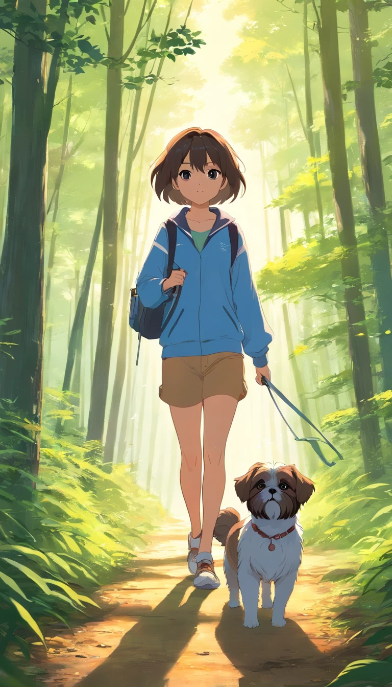 tutor e sua shih tzu passeando no bosque