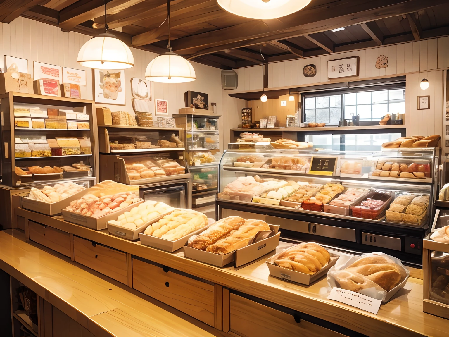 Interior of cute local bakery, check out counter with Maneki-neko on the counter, baguettes, ((wide shot)), Maneki-neko, empty of people