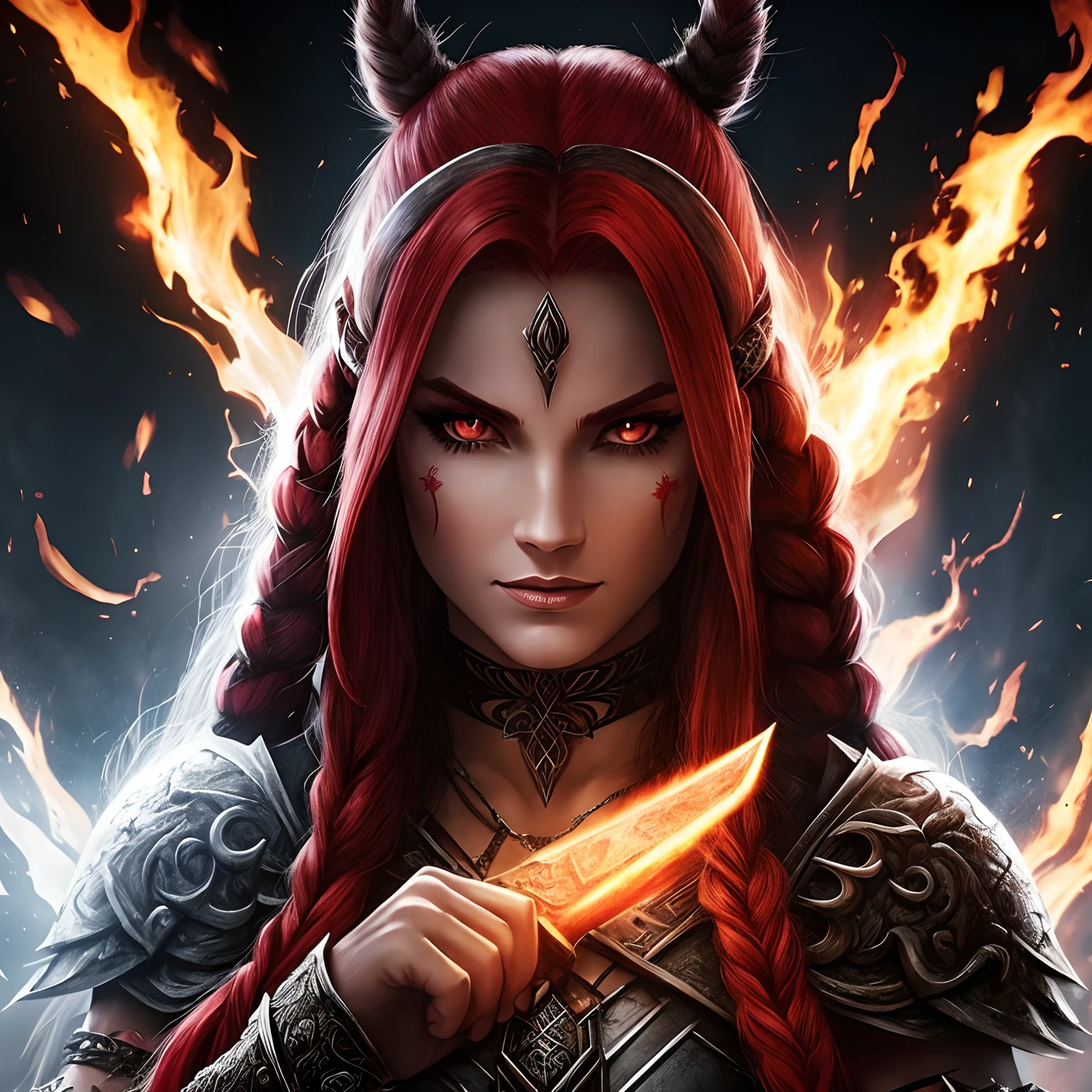 Berserker, barbarian woman,  Arte de Fantasia, of his gaze alone enemies beginning to panic, one head, devilish smile, besta do inferno, demonio, White Fire Sky, guerreira, com foice e escudo, Linda, Mulheres, Werelion, Long red braided hair, olhos dourados brilhantes, realista, altamente detalhados, Motor irreal, 8k de luxo