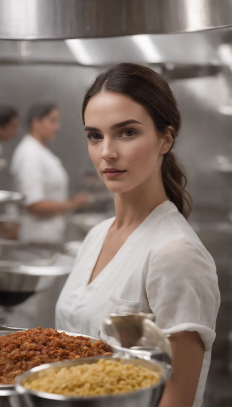 uma mulher velha de cabelo loiro curto e enrolado , rosto perfeito, Standing in front of several bowls of food, lady stands in an industrial kitchen, enterprising woman