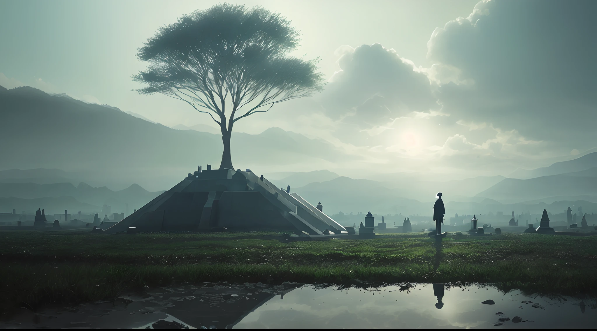 El cementerio y la piedra de la reina, Sombras, Reflejos ondulantes, vapor, epic composition, intrincado, elegante, volumetric illumination, Pintura digital, Altamente detallado, Artstation, foco nítido, illustration, Arte conceptual, Ruan Jia, Steve McCurry