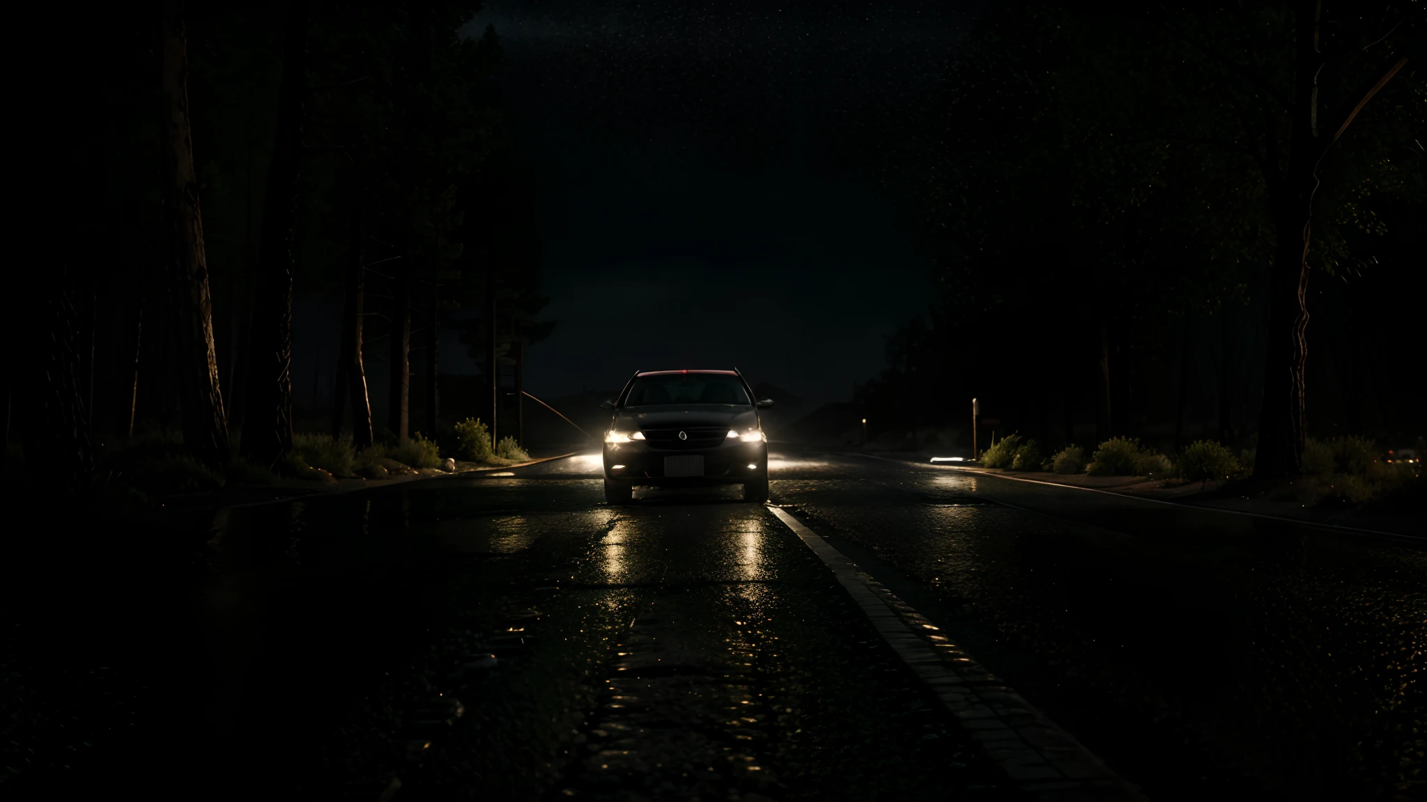 A car on a dark desert road, rainy night, extremely detailed, realistic, best quality, 8k. Gloomy weather, rainy night. forest around.